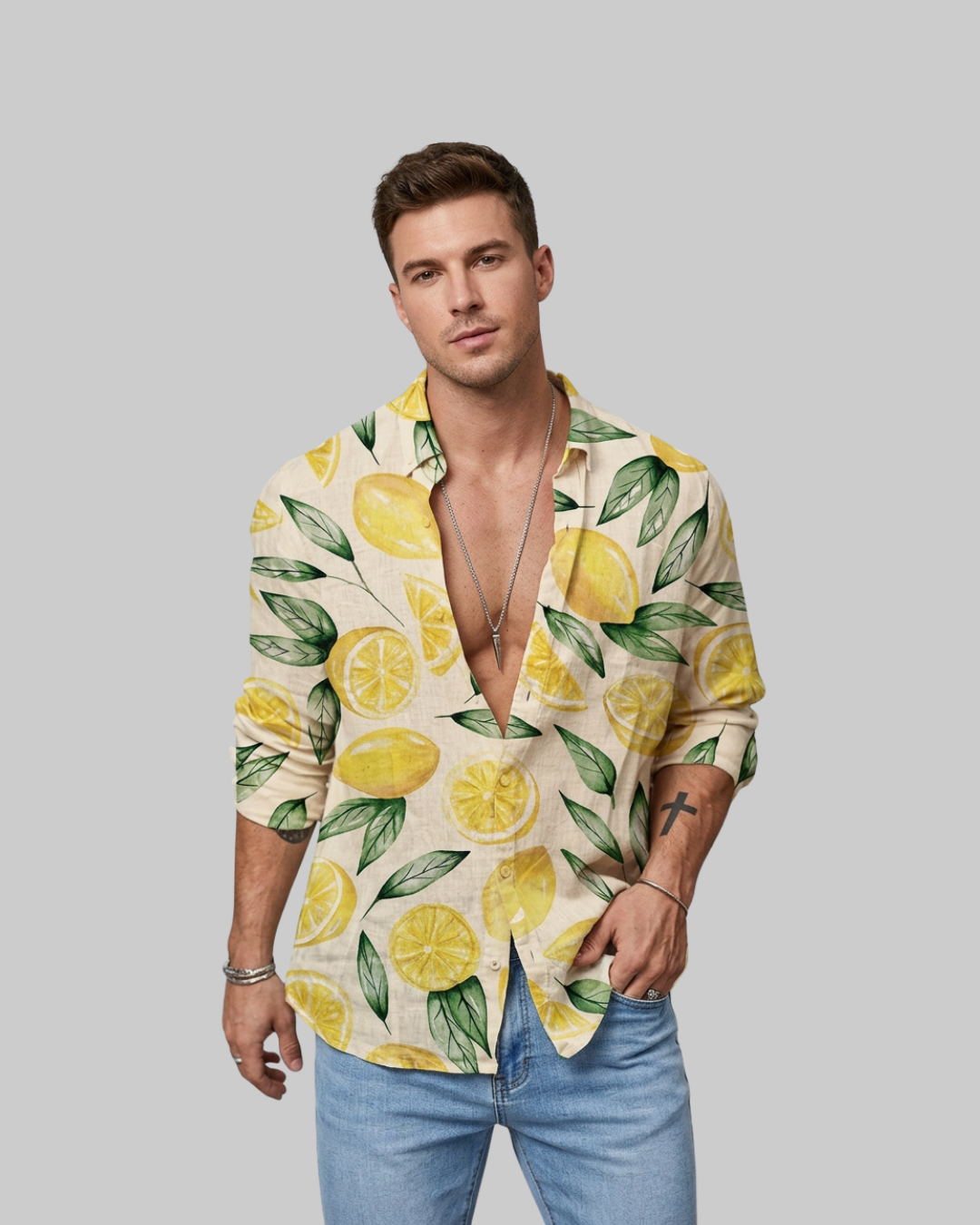 Men's Lemon Print Summer Shirt in front.