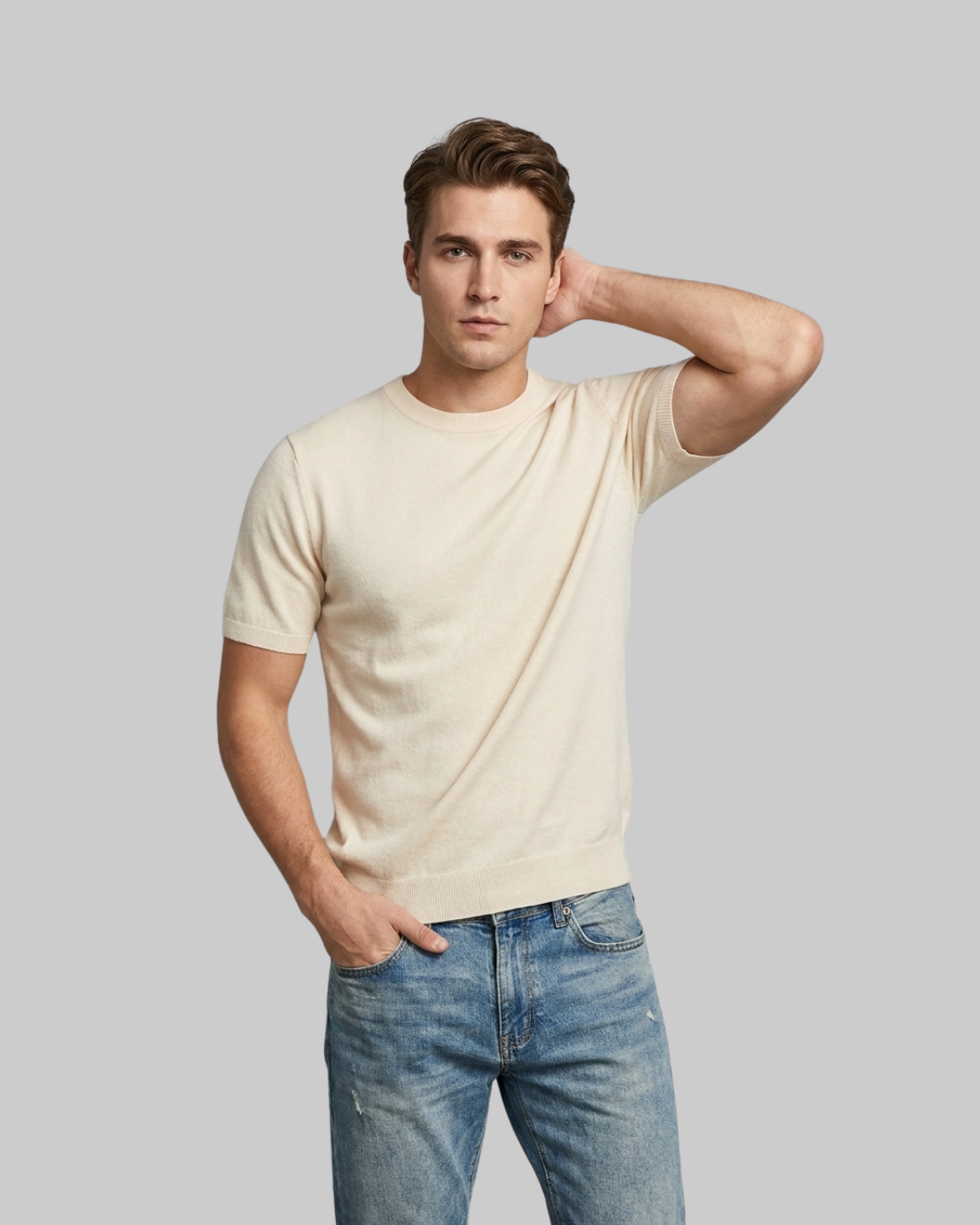 Men's Lightweight Crew Knit T-Shirt in beige.