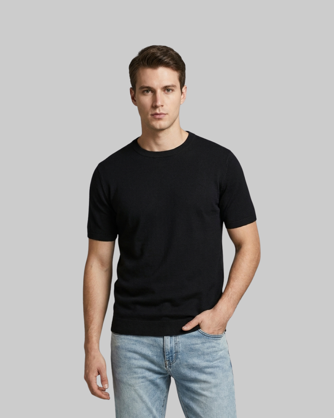 Men's Lightweight Crew Knit T-Shirt in black.