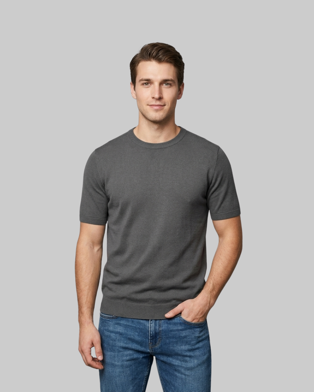Men's Lightweight Crew Knit T-Shirt in dark grey.