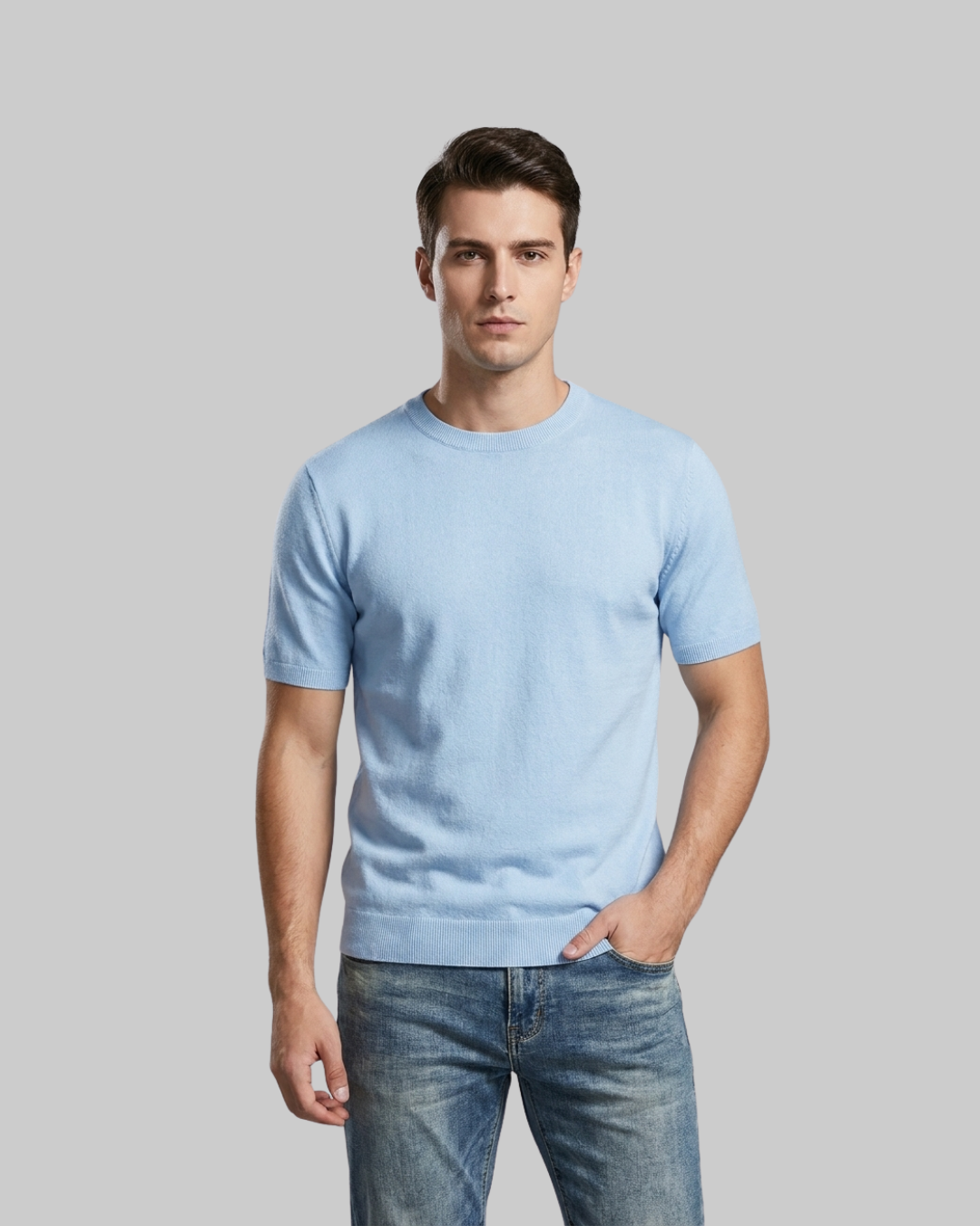 Men's Lightweight Crew Knit T-Shirt in light blue.