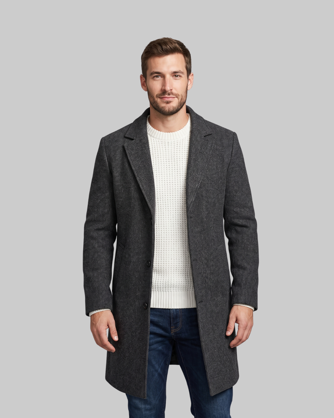 Men's Long Winter Coat in dark grey.