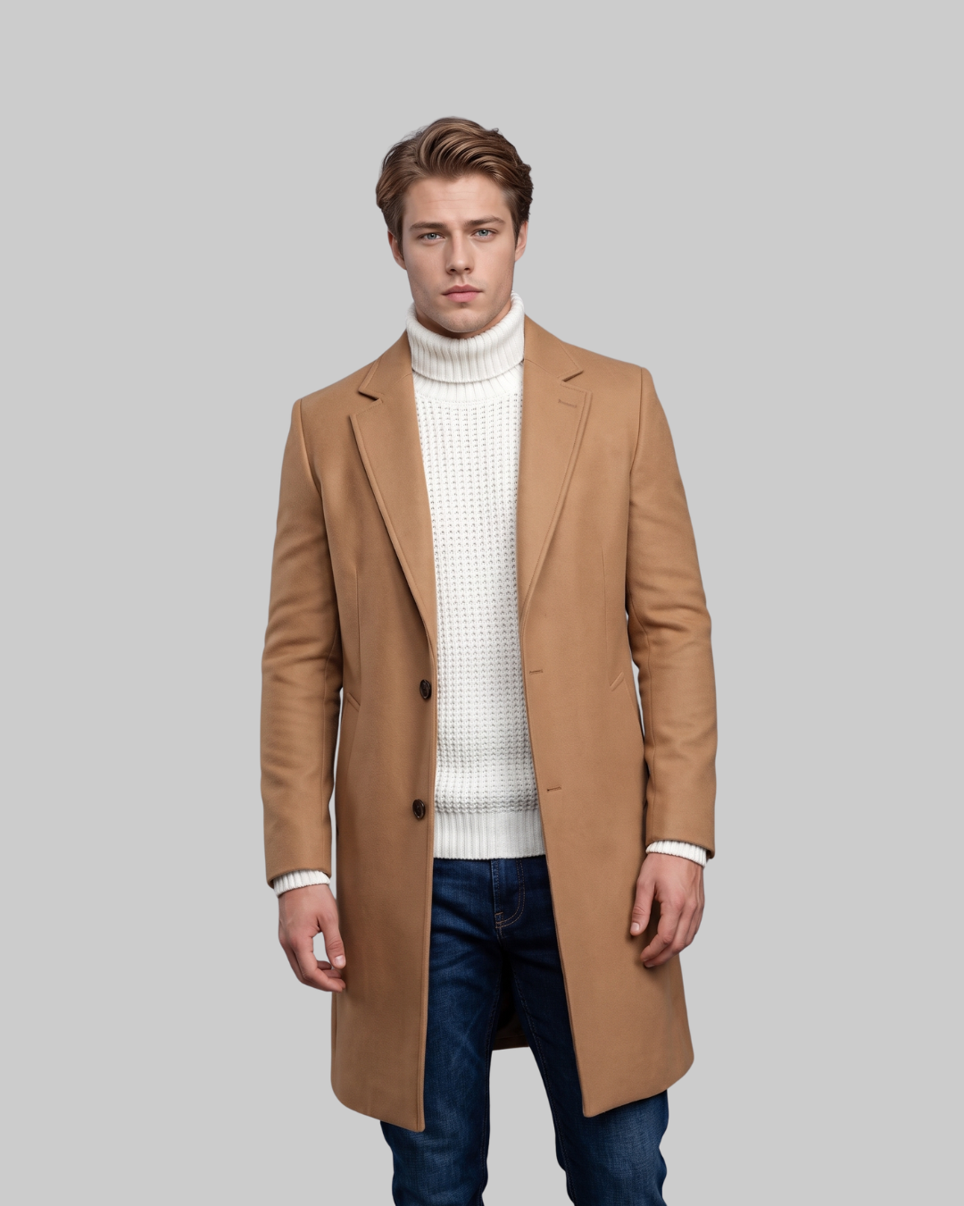 Men's Long Winter Coat in khaki.