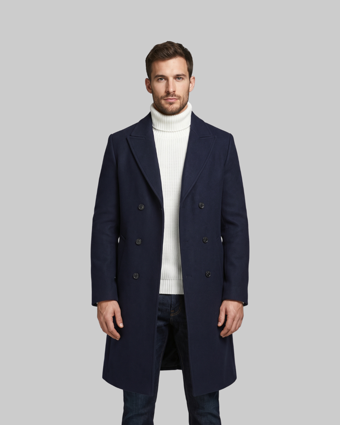Men's Long Winter Coat in navy blue.