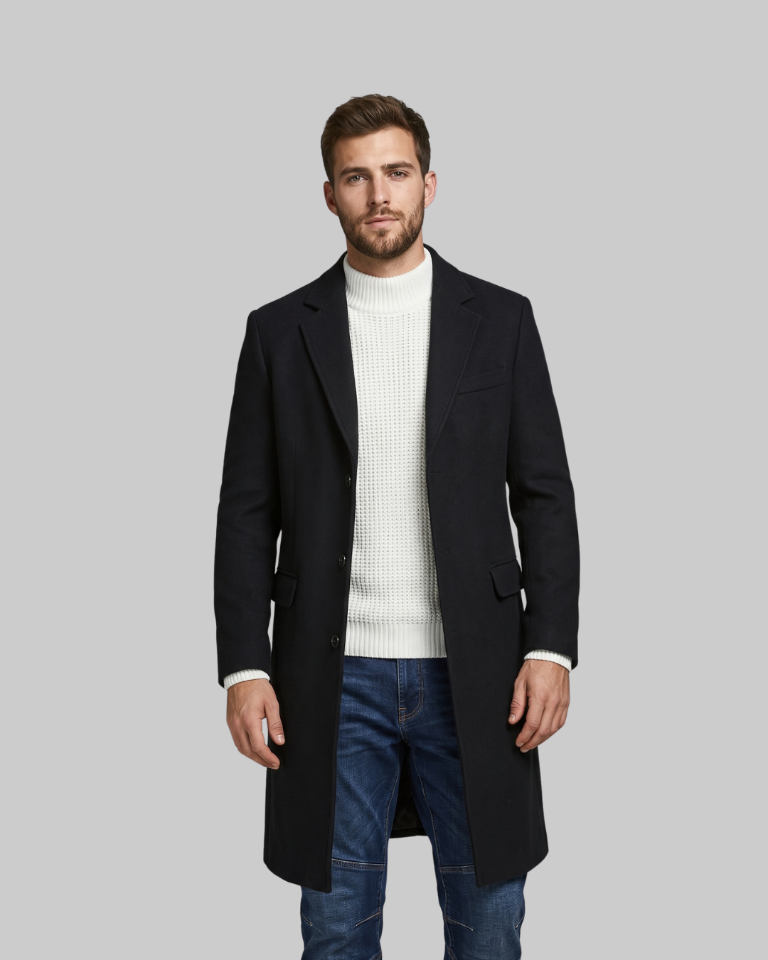 Men's Longline Tailored Coat in black.