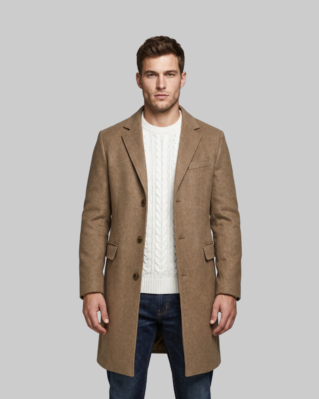 Men's Longline Tailored Coat in khaki.