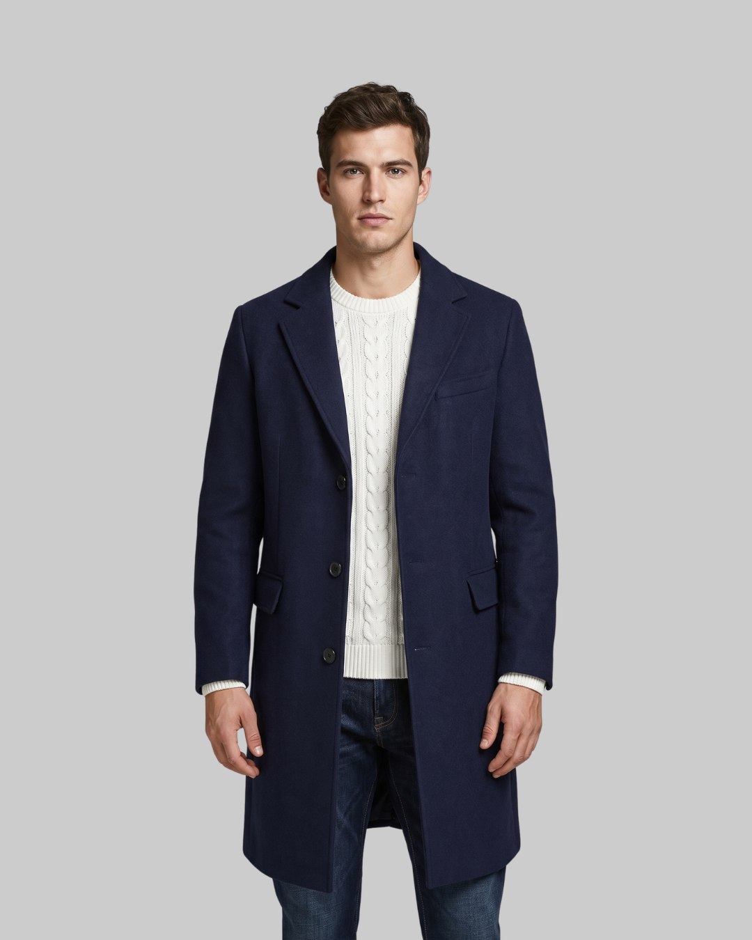 Men's Longline Tailored Coat in navy blue.