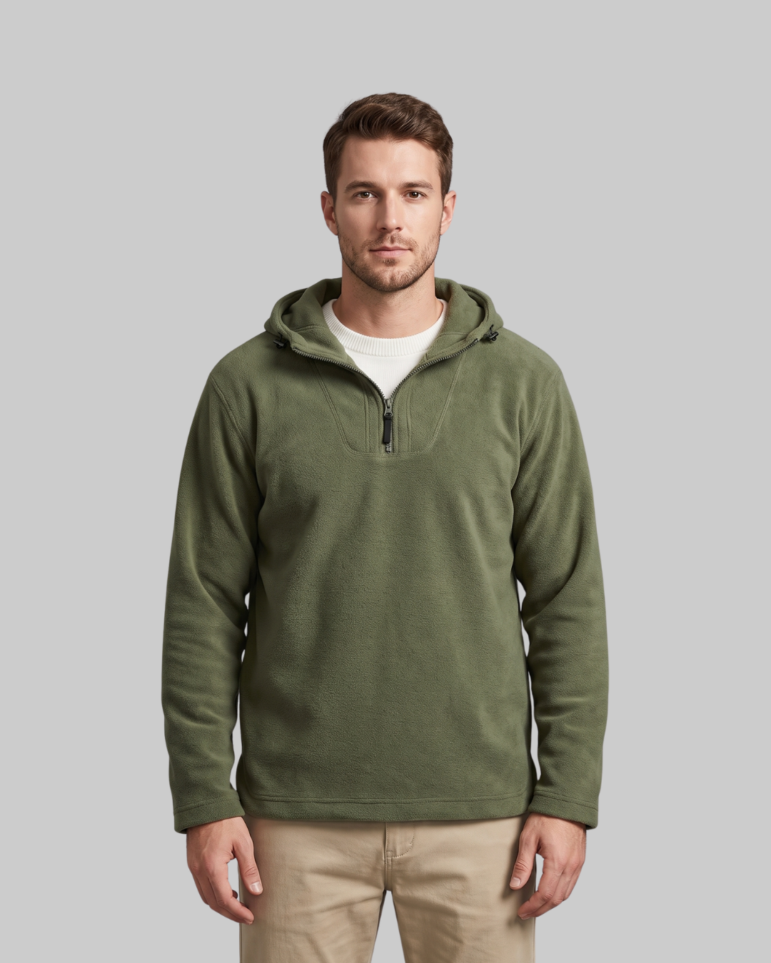 Men's Loose Fit Half-Zip Hoodie in army green.