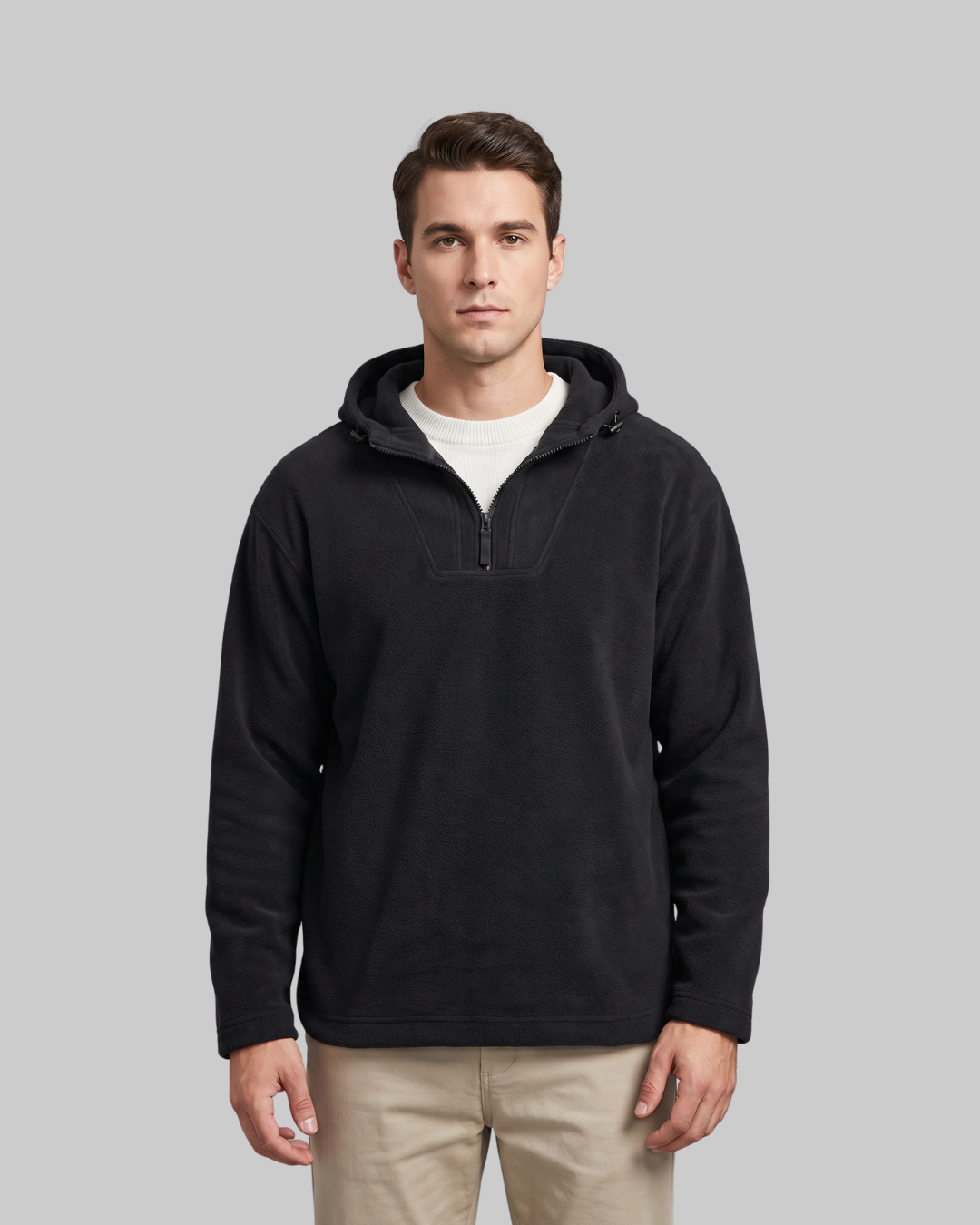 Men's Loose Fit Half-Zip Hoodie in black.