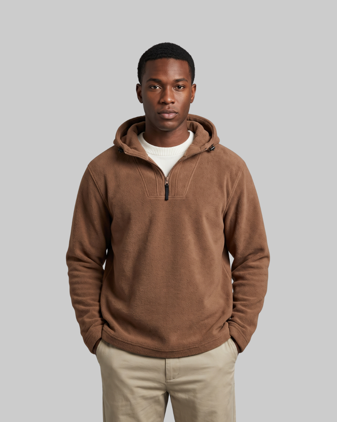 Men's Loose Fit Half-Zip Hoodie in brown.