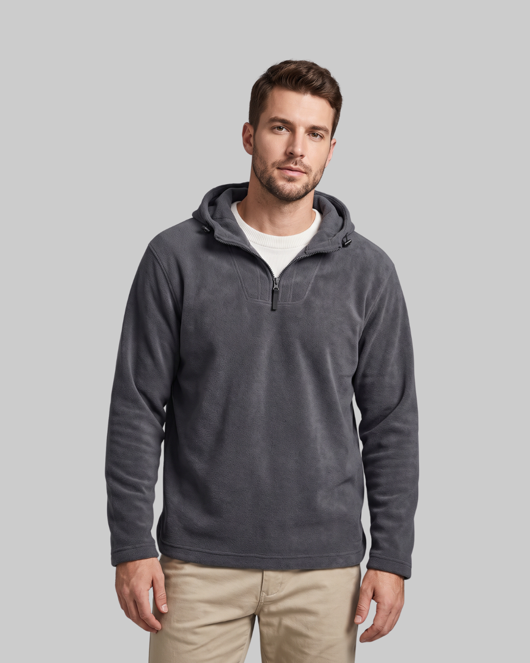 Men's Loose Fit Half-Zip Hoodie in dark grey.