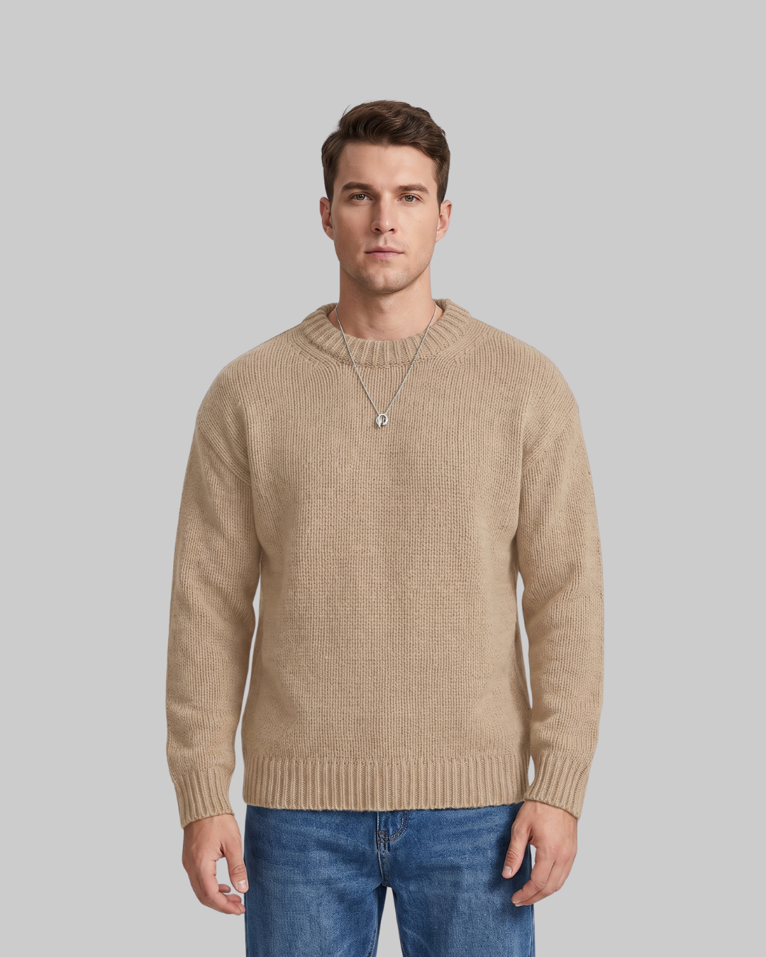 Men's Loose Fit Knit Sweater in apricot. 