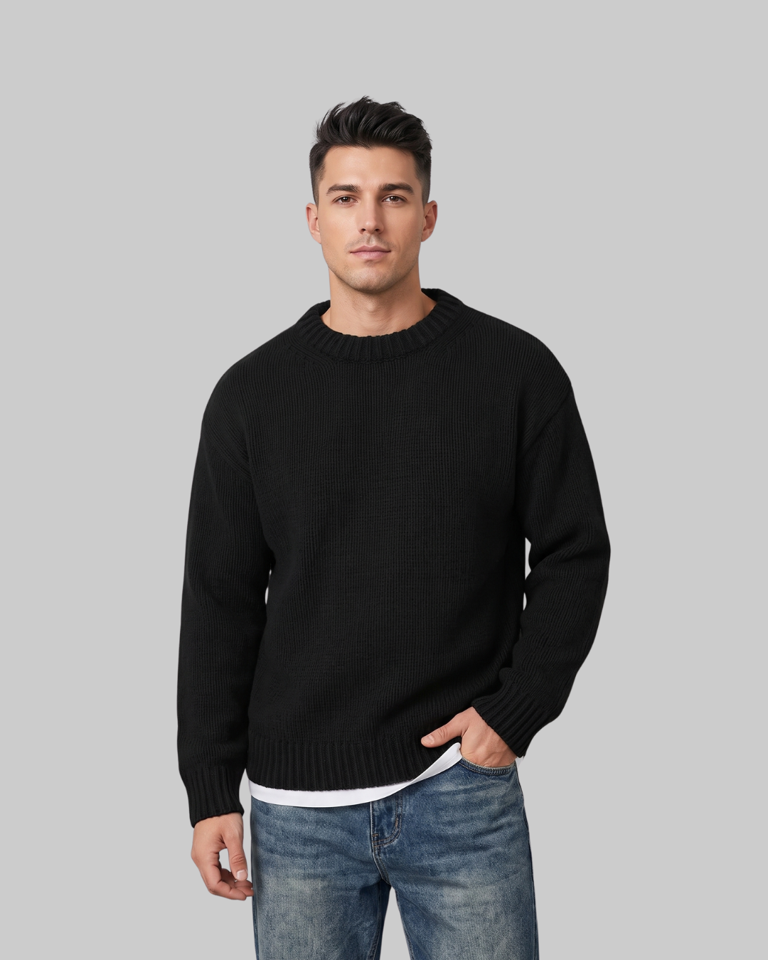 Men's Loose Fit Knit Sweater in black.