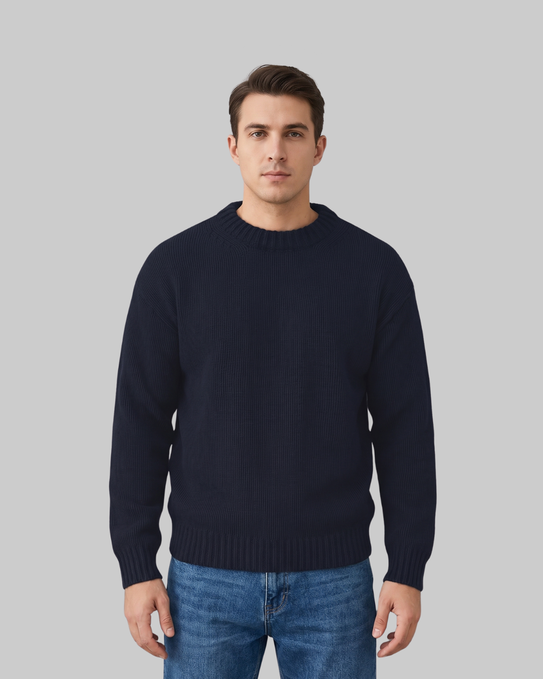 Men's Loose Fit Knit Sweater in navy blue.