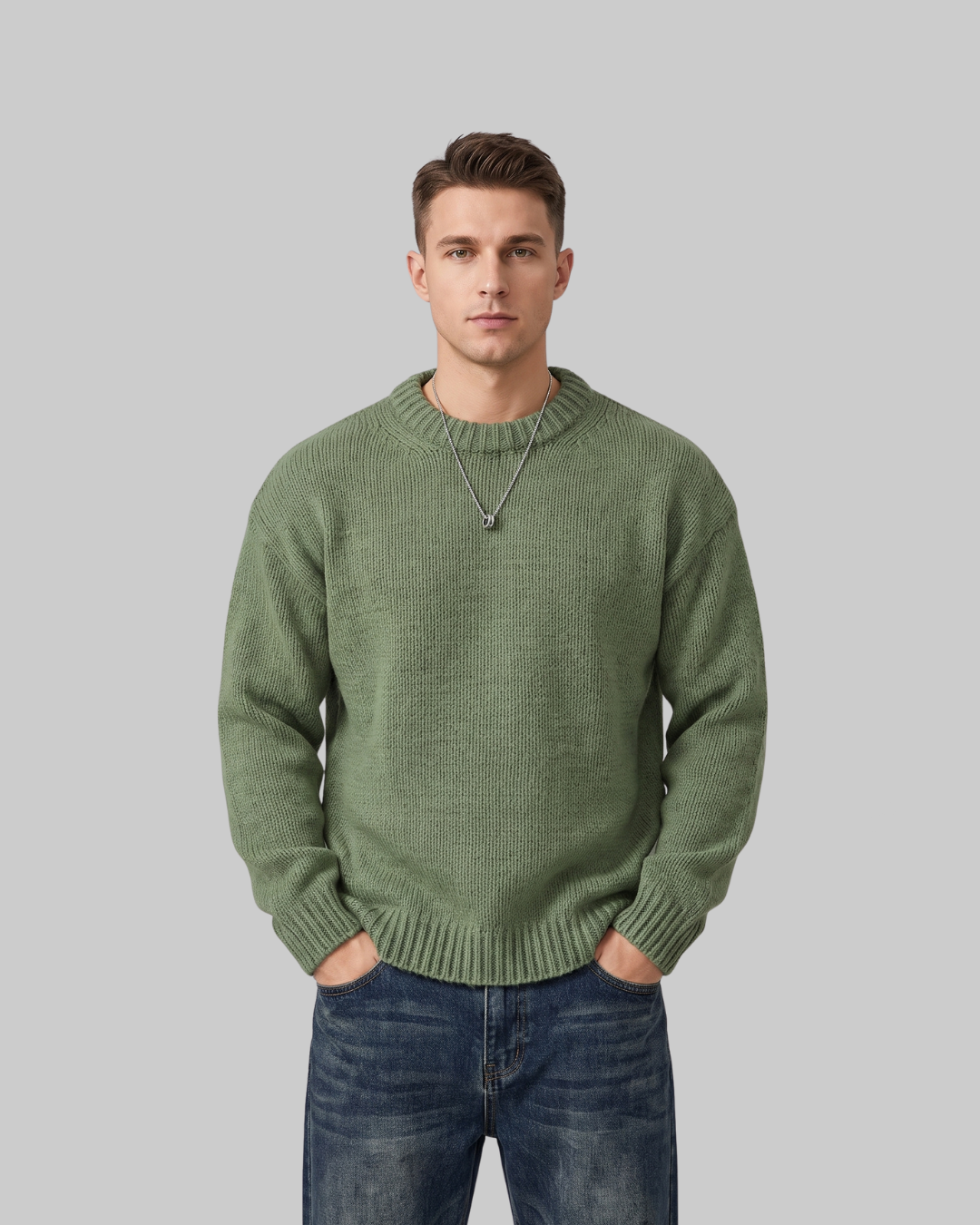 Men's Loose Fit Knit Sweater in olive green.