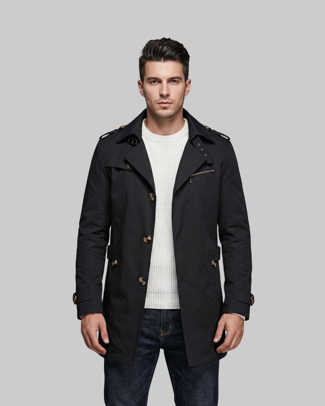 Men's Mid-Length Trench Coat in black.
