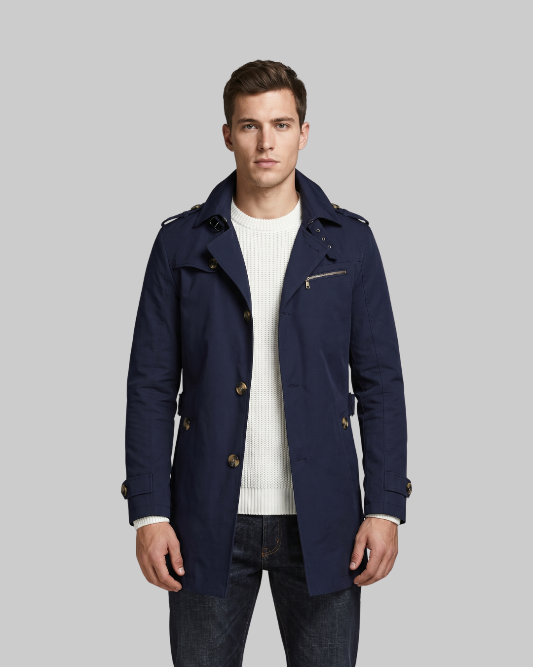 Men's Mid-Length Trench Coat in dark blue.