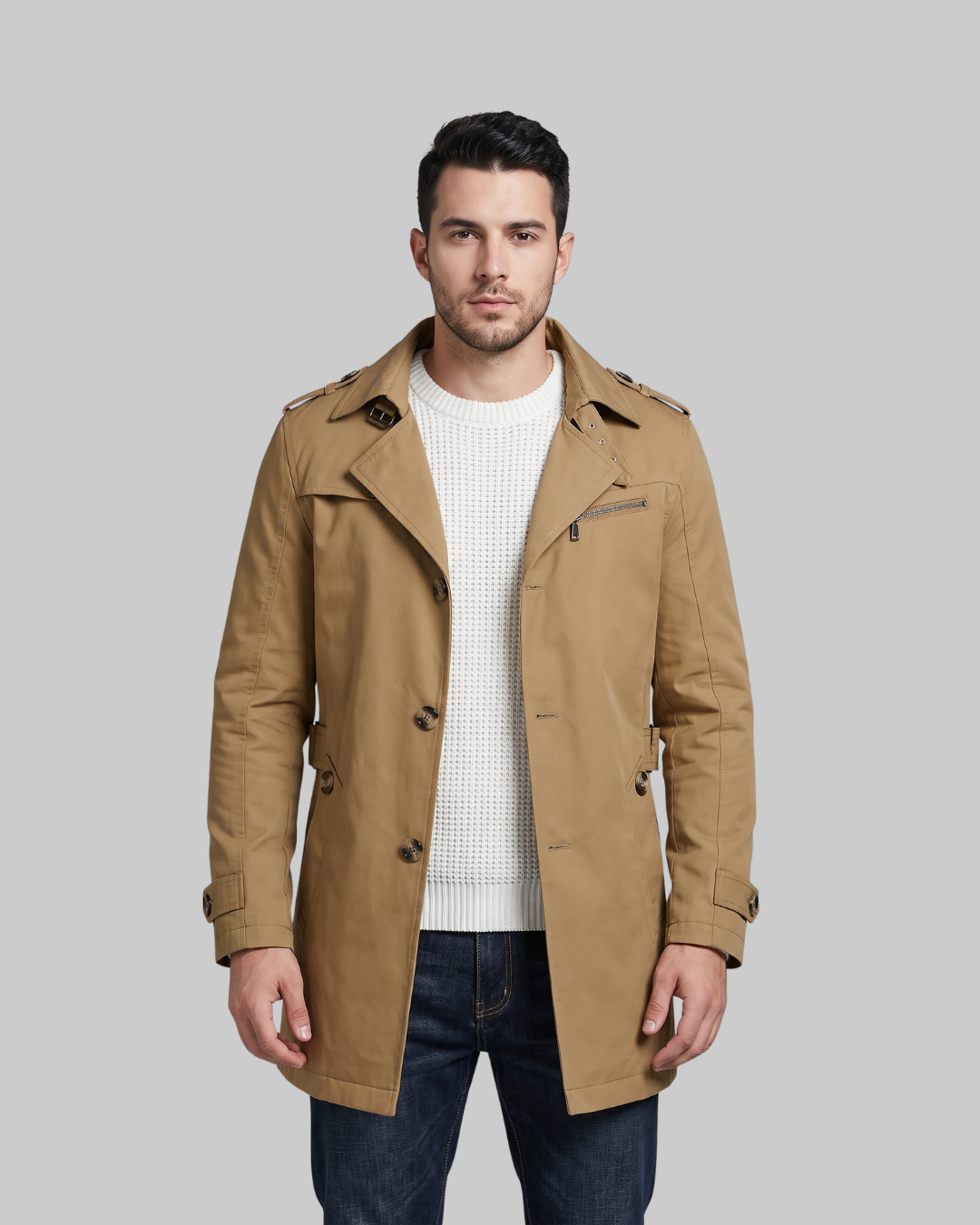 Men's Mid-Length Trench Coat in dark khaki.