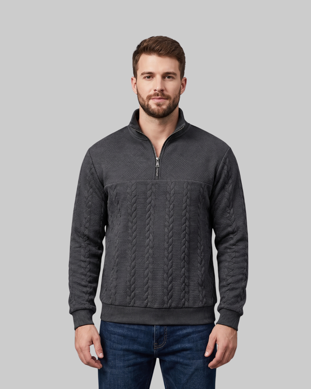 Men's Mixed Knit Quarter-Zip Sweater in black.