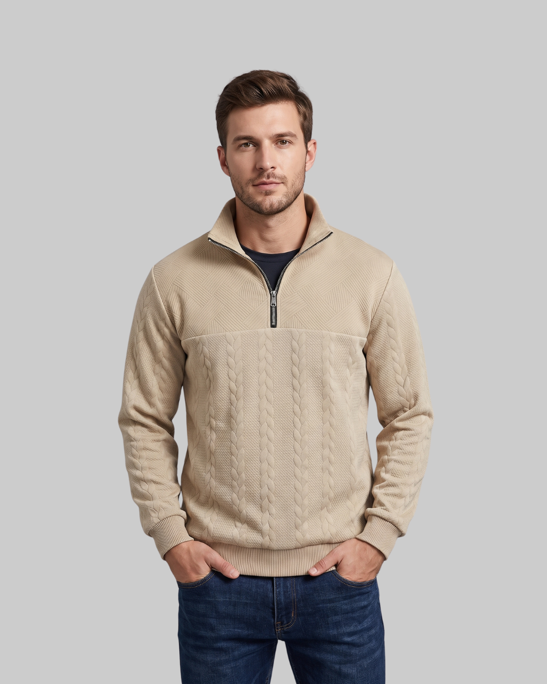 Men's Mixed Knit Quarter-Zip Sweater in khaki.