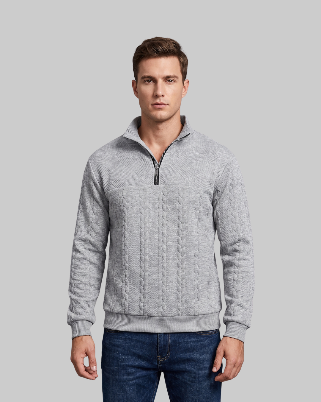 Men's Mixed Knit Quarter-Zip Sweater in light grey.