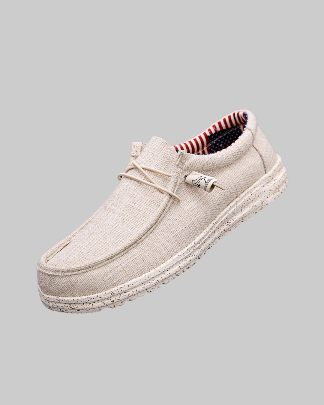 Men's Moc Toe Canvas Loafers in beige.