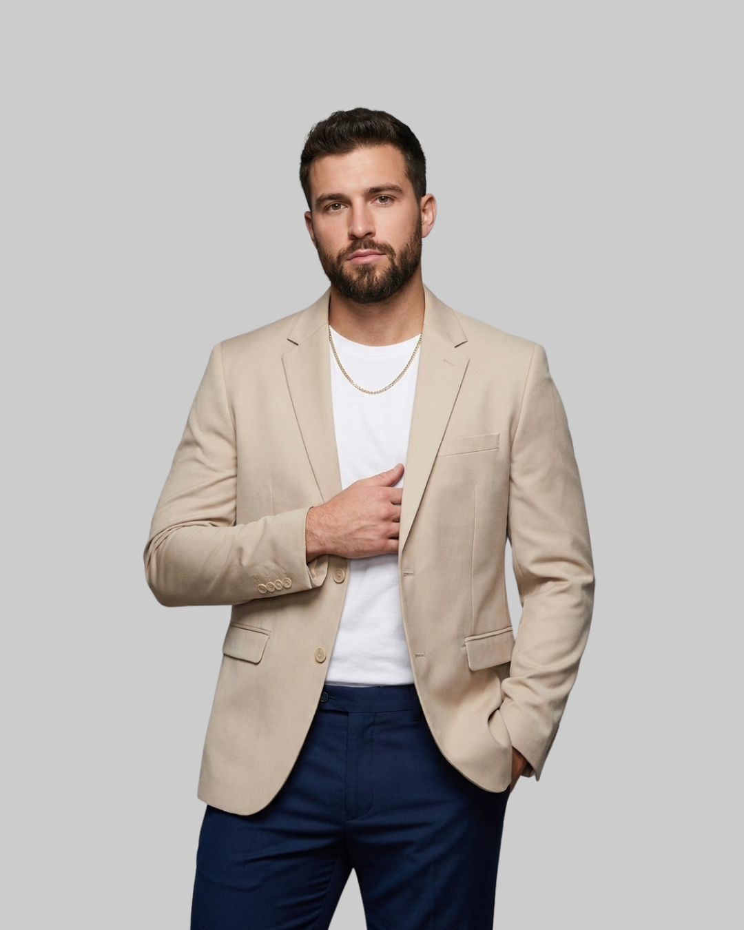 Men's Modern Tailored Blazer in beige.