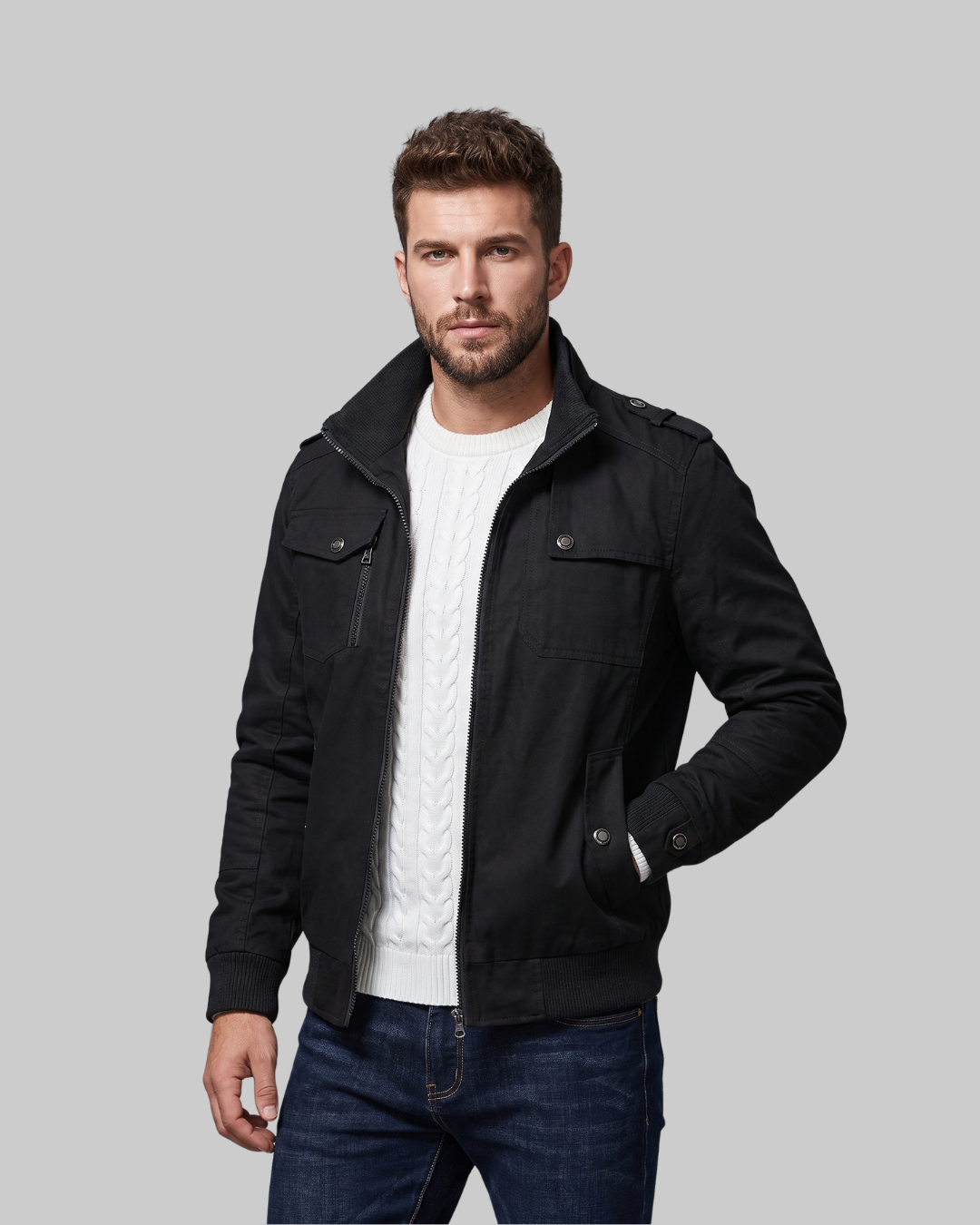 Men's Multi-Pocket Bomber Jacket in black.