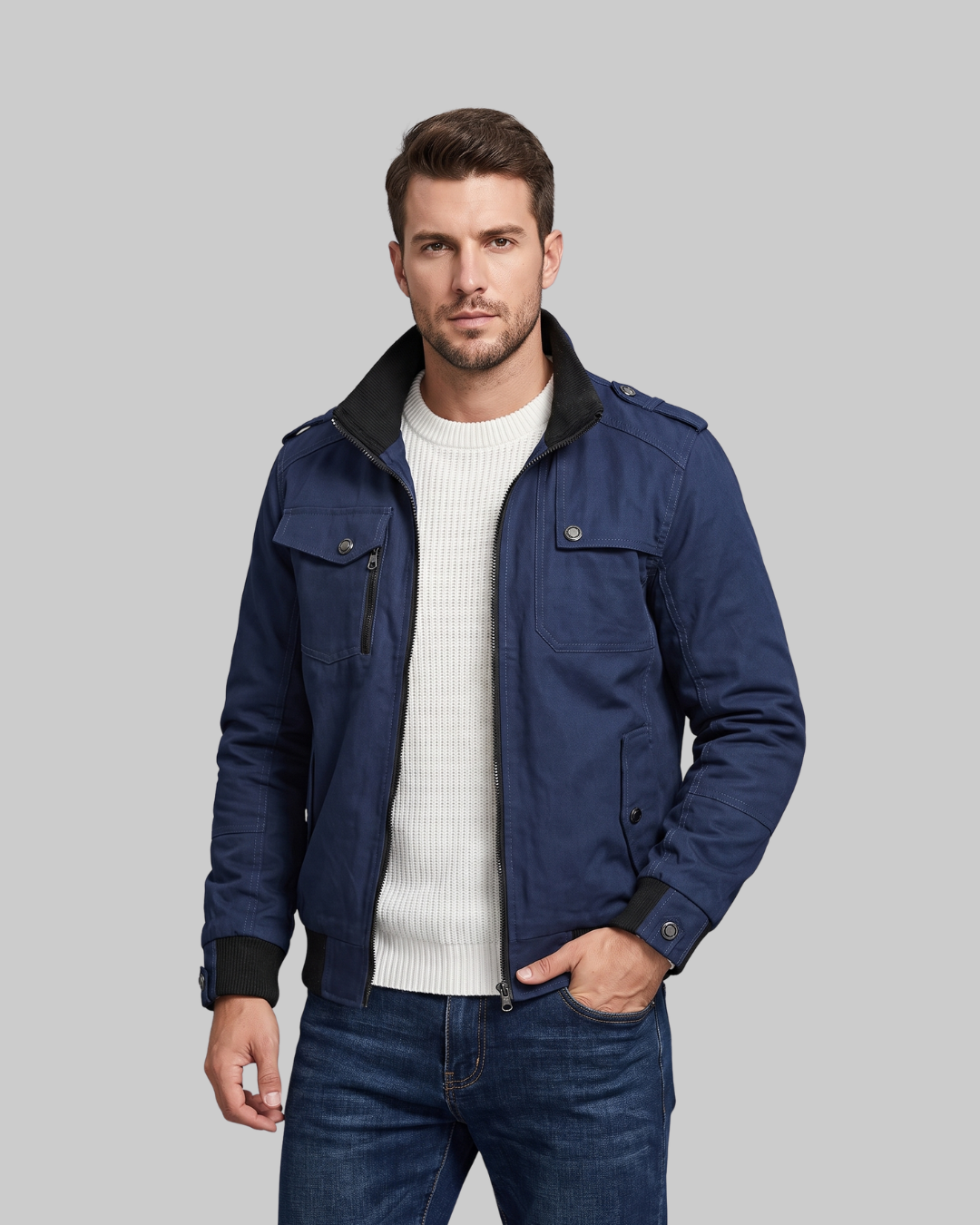Men's Multi-Pocket Bomber Jacket in blue.