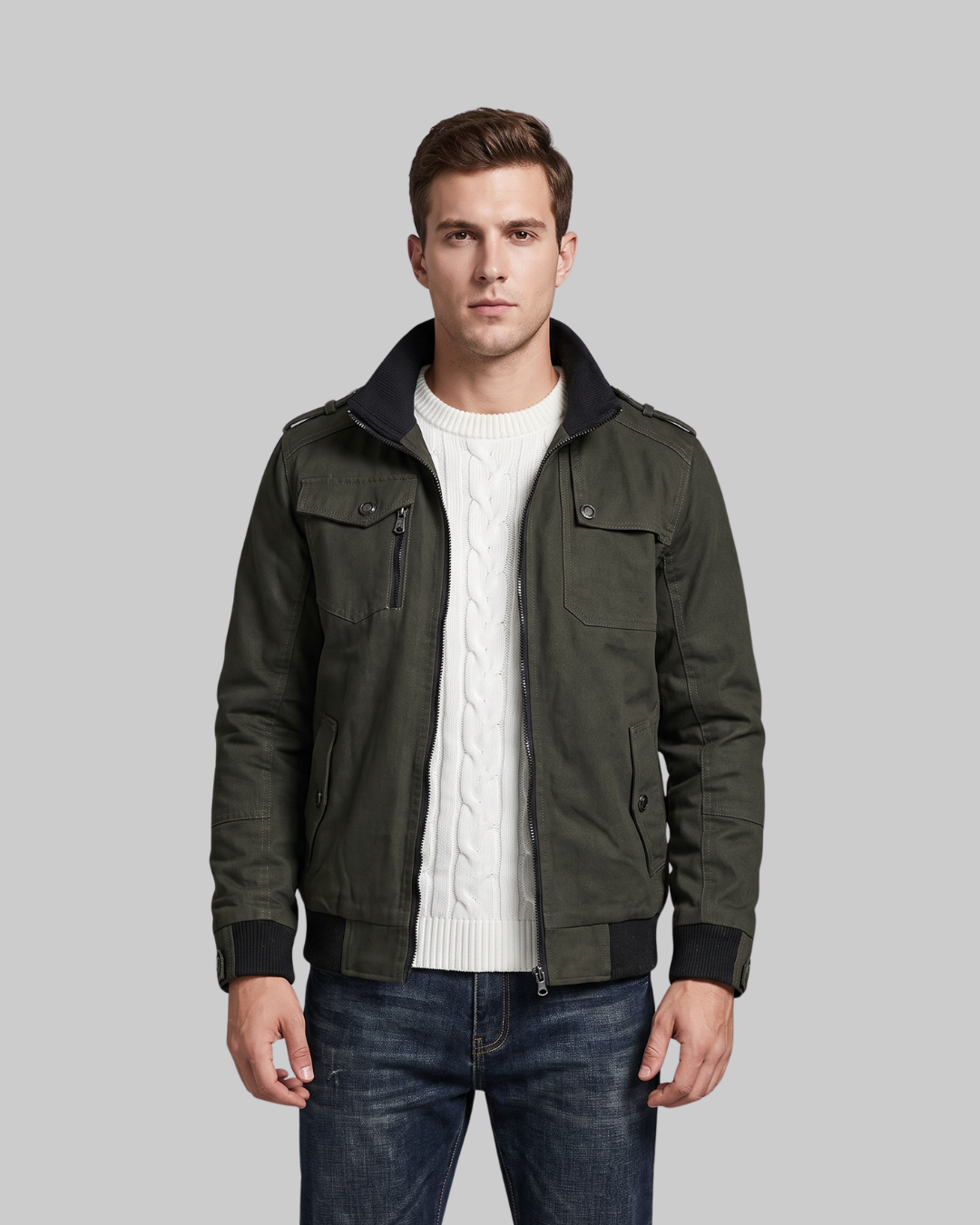 Men's Multi-Pocket Bomber Jacket in green.