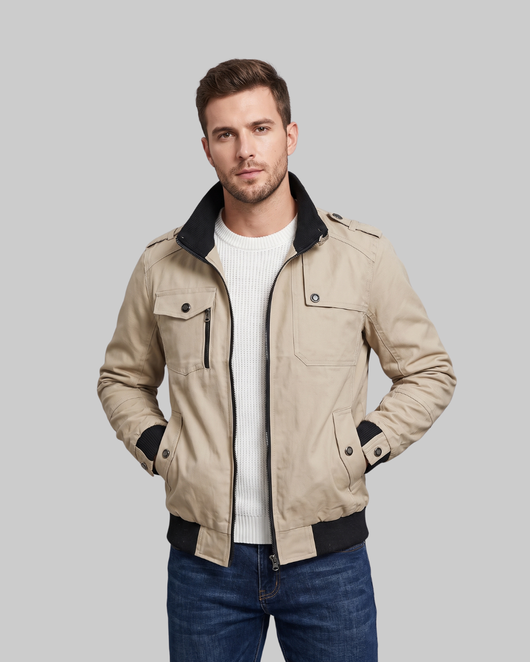 Men's Multi-Pocket Bomber Jacket in khaki.