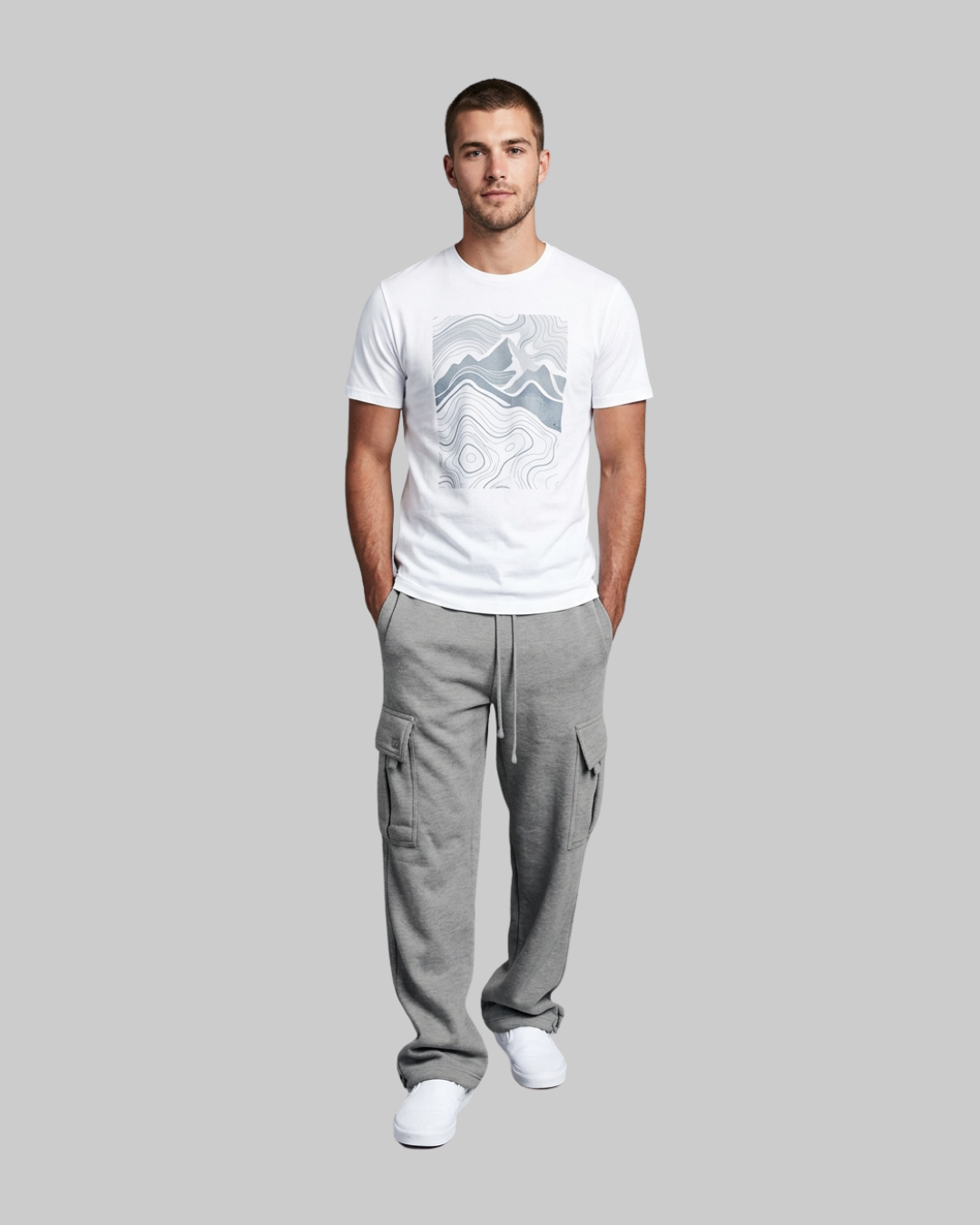 Men's Multi-Pocket Casual Cargo Pants in light grey.