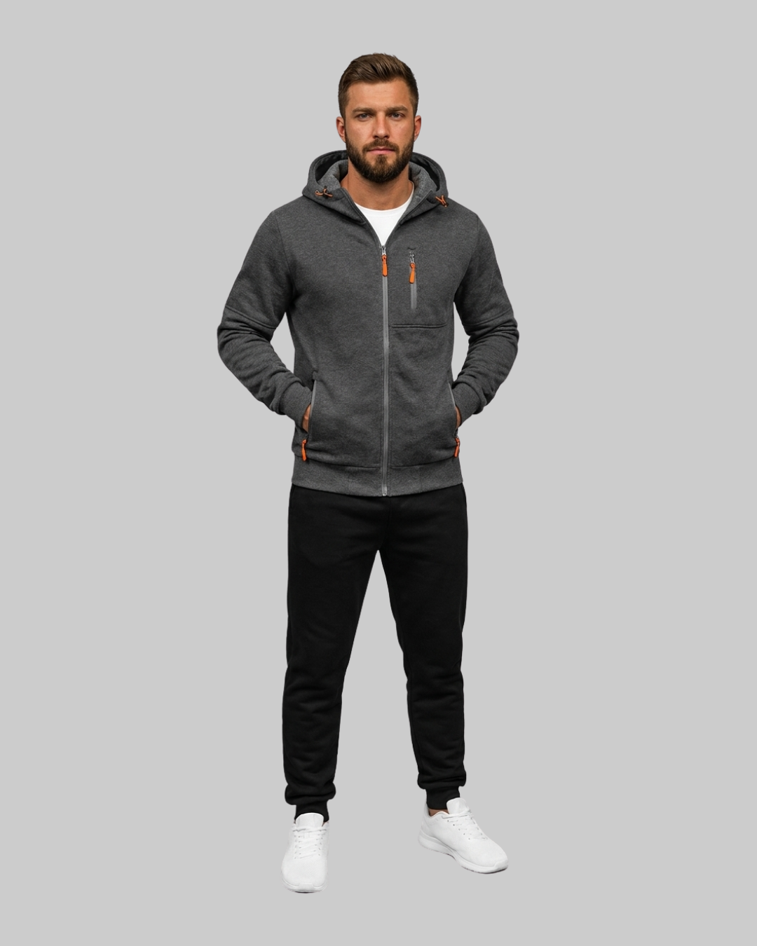 Men's Multi Pocket Hoodie Tracksuit Set in dark grey.