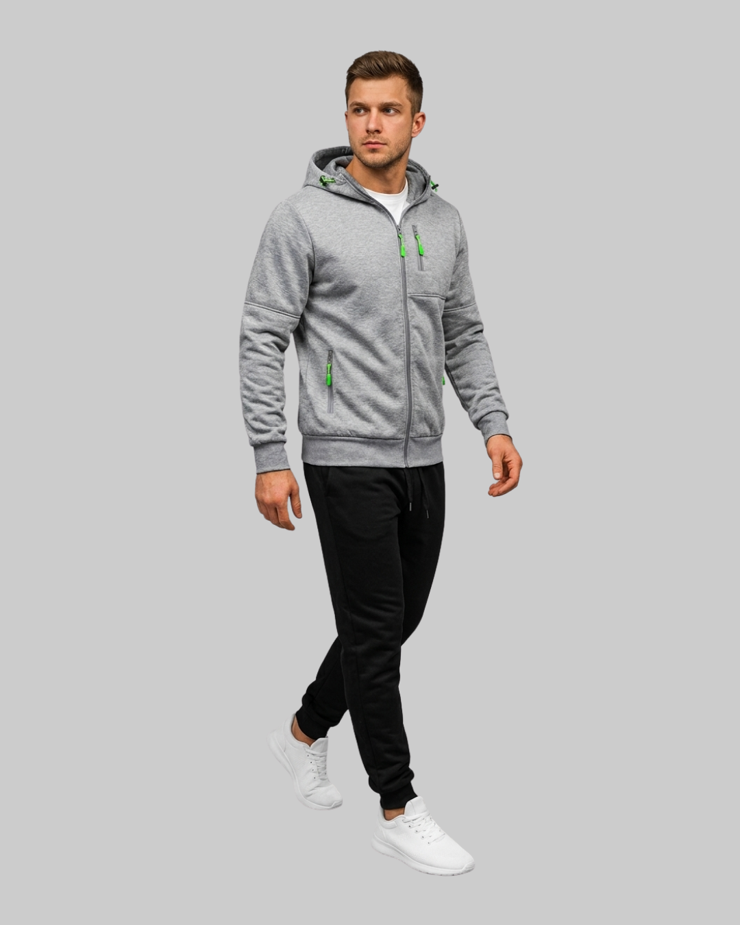 Men's Multi Pocket Hoodie Tracksuit Set in light grey.