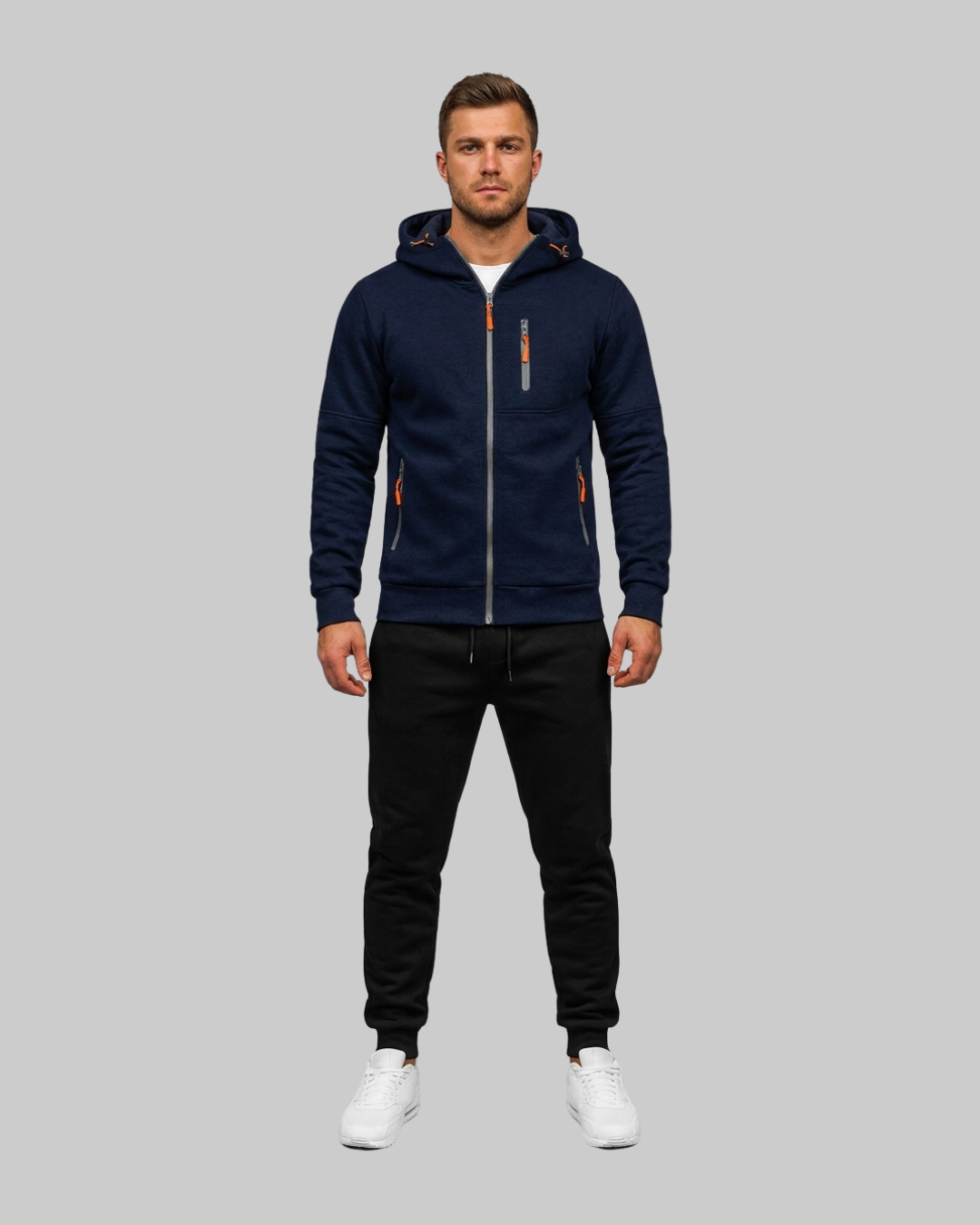 Men's Multi Pocket Hoodie Tracksuit Set in navy blue. 