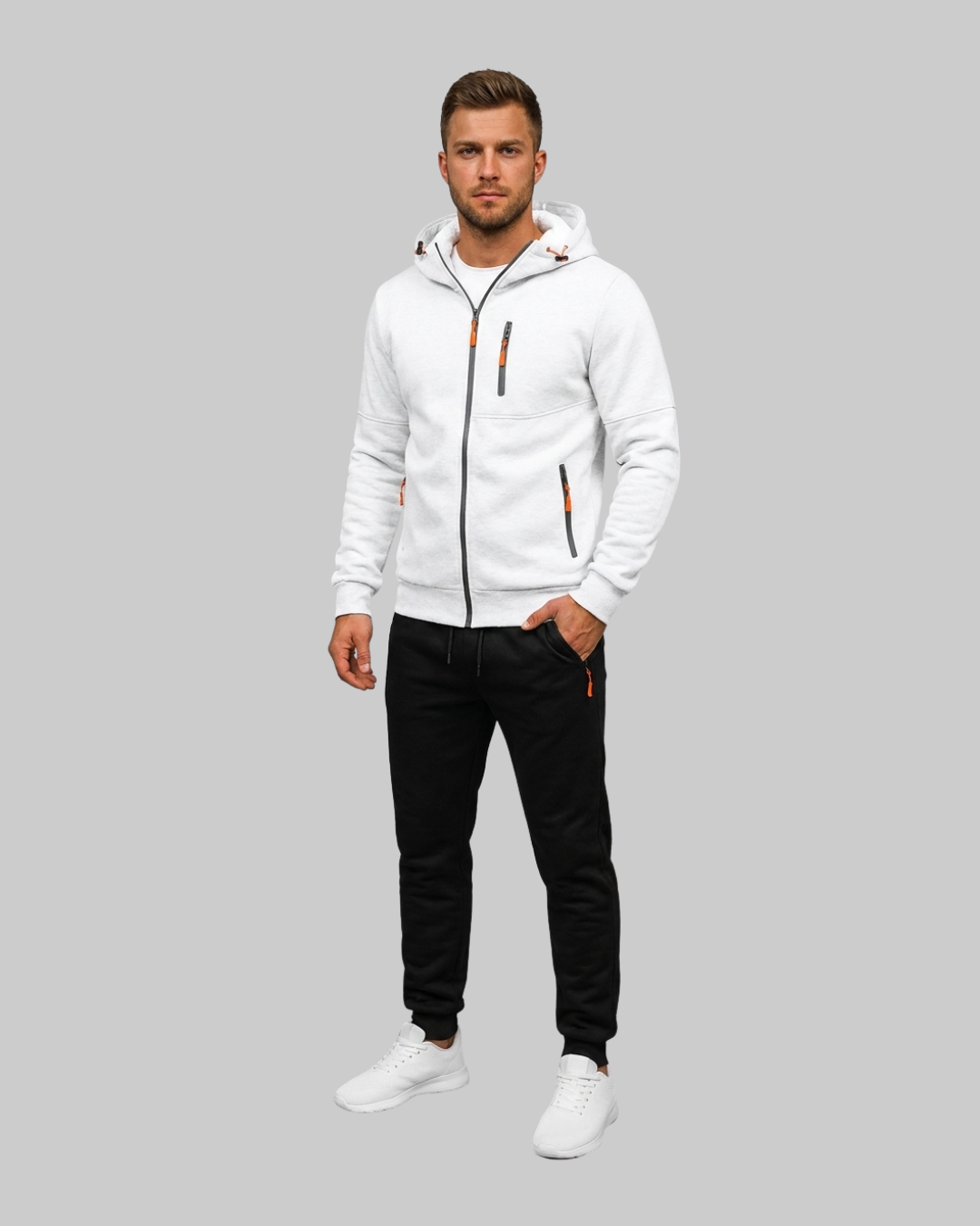 Men's Multi Pocket Hoodie Tracksuit Set in white.