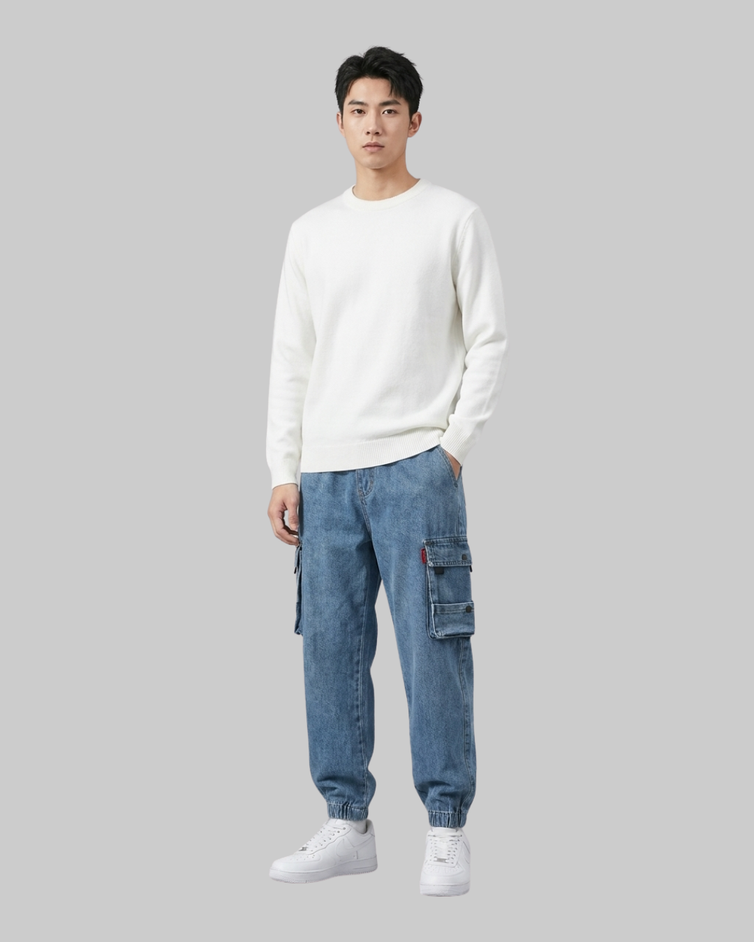 Men's Multi-Pocket Jogger Pants in blue.