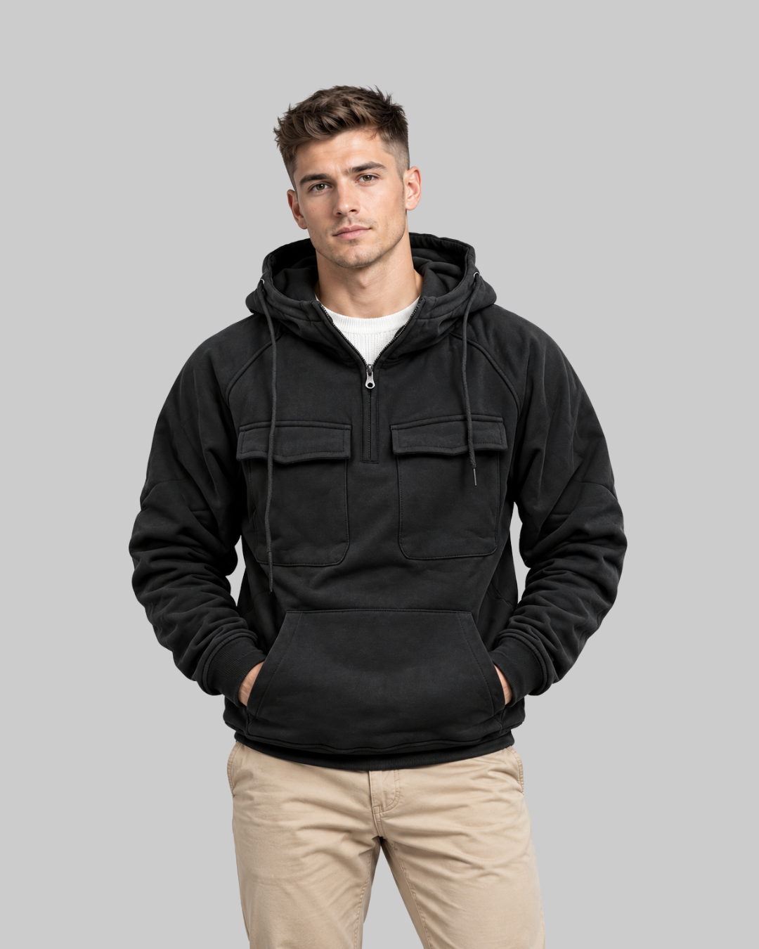 Men's Multi-Pocket Quarter-Zip Hoodie in black.