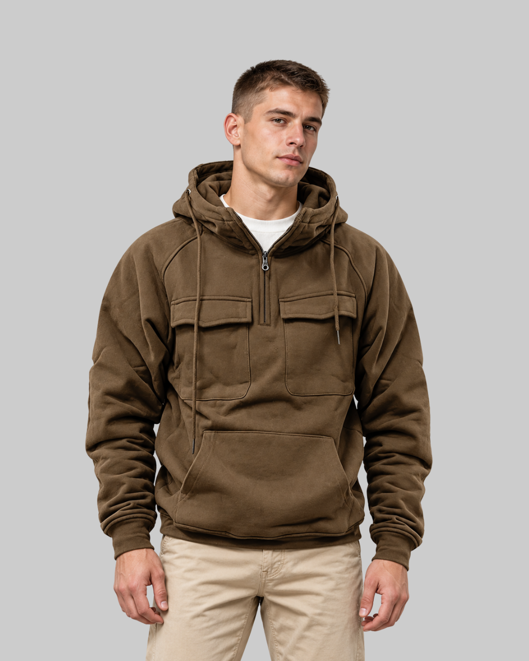Men's Multi-Pocket Quarter-Zip Hoodie in brown.