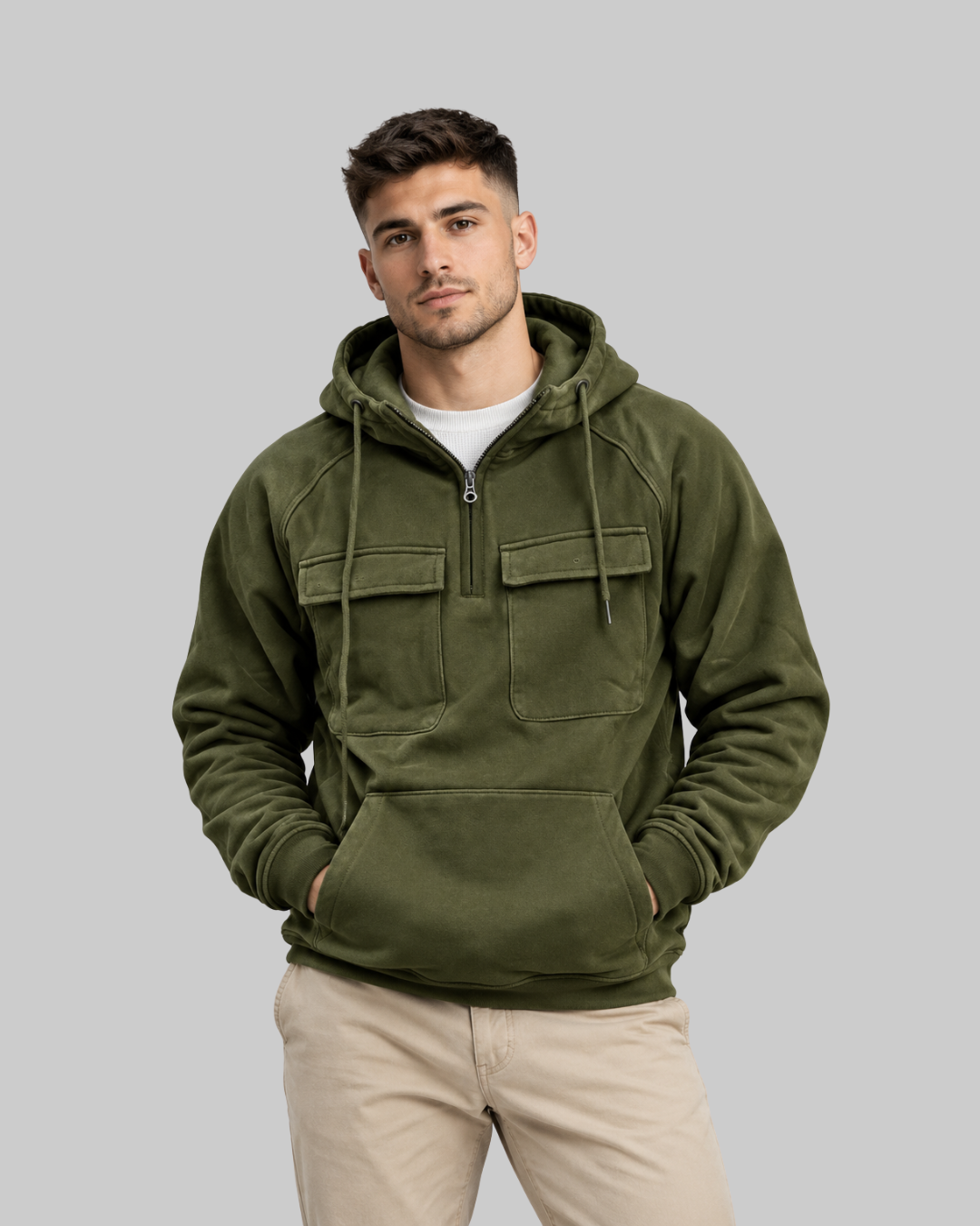 Men's Multi-Pocket Quarter-Zip Hoodie in army green.