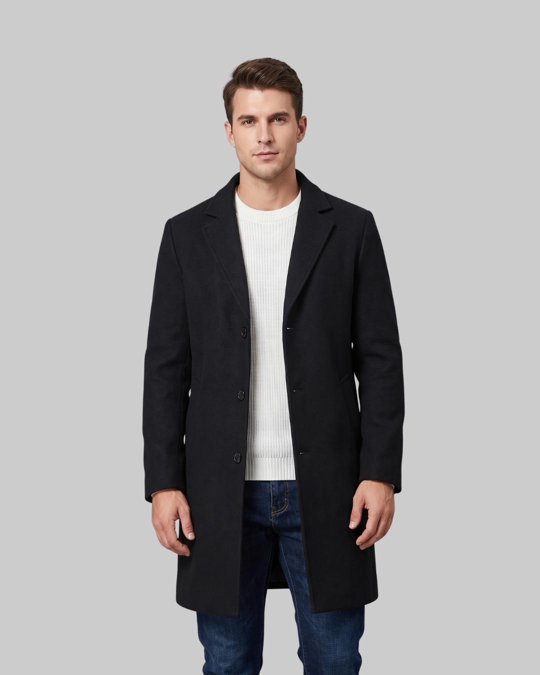 Men's Notched Lapel Mid-Length Coat in black.