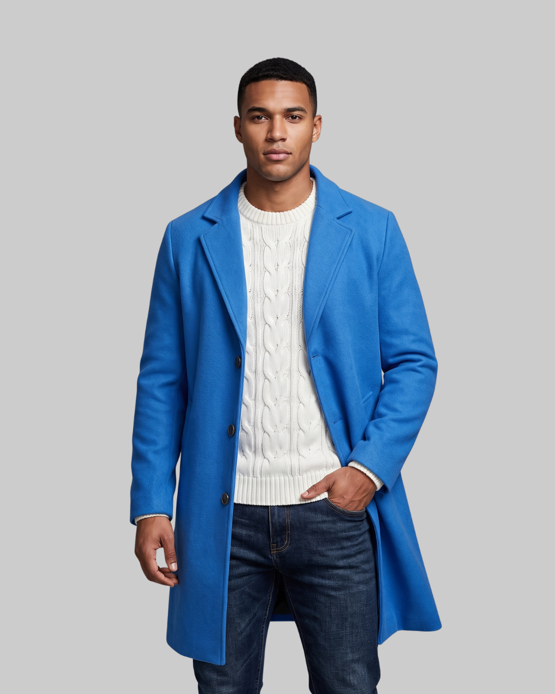 Men's Notched Lapel Mid-Length Coat in blue.