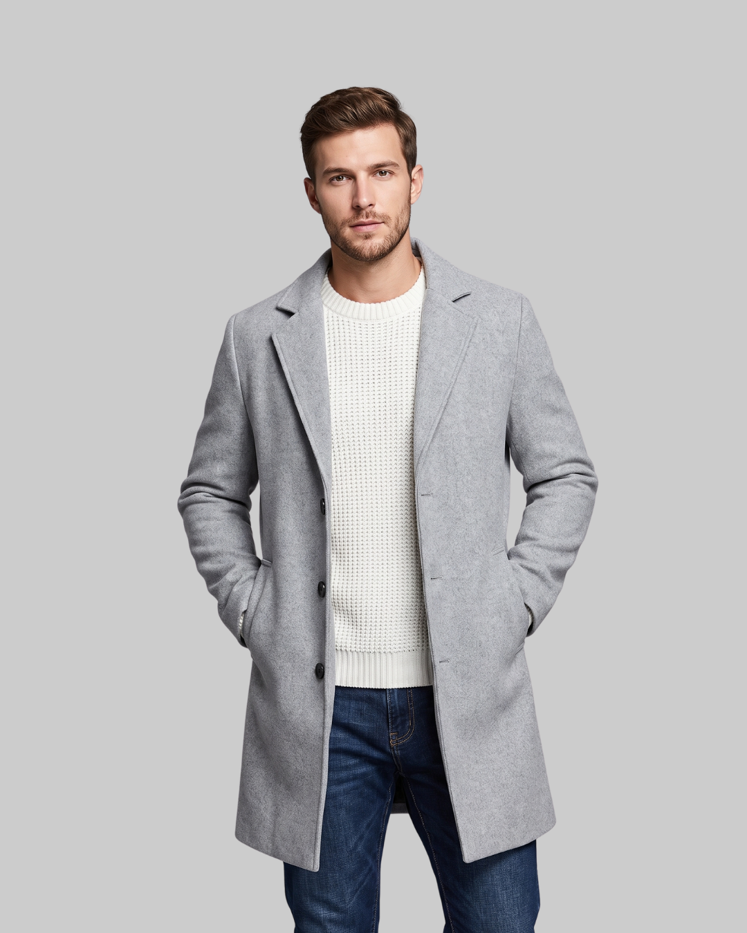 Men's Notched Lapel Mid-Length Coat in grey.