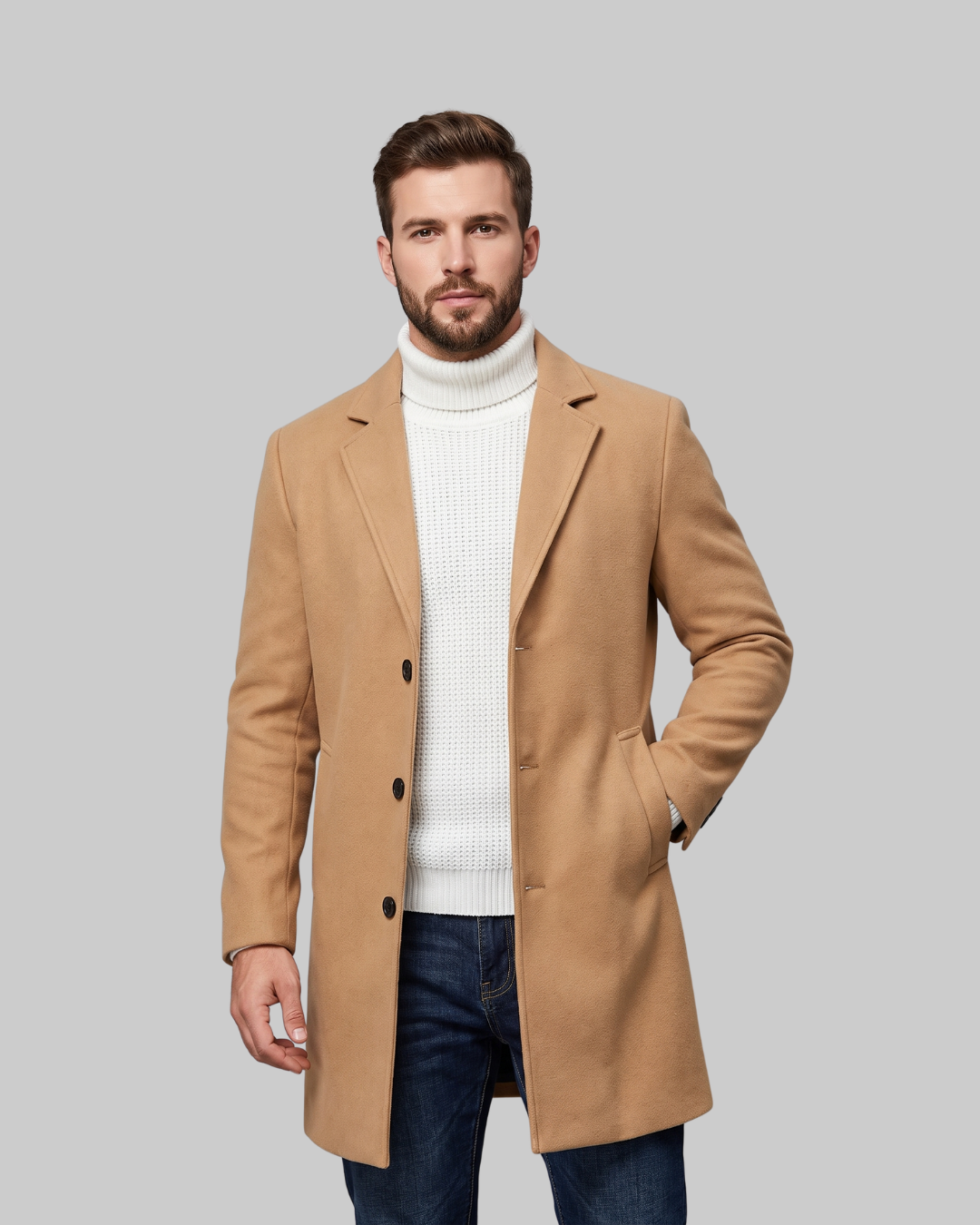 Men's Notched Lapel Mid-Length Coat in khaki.