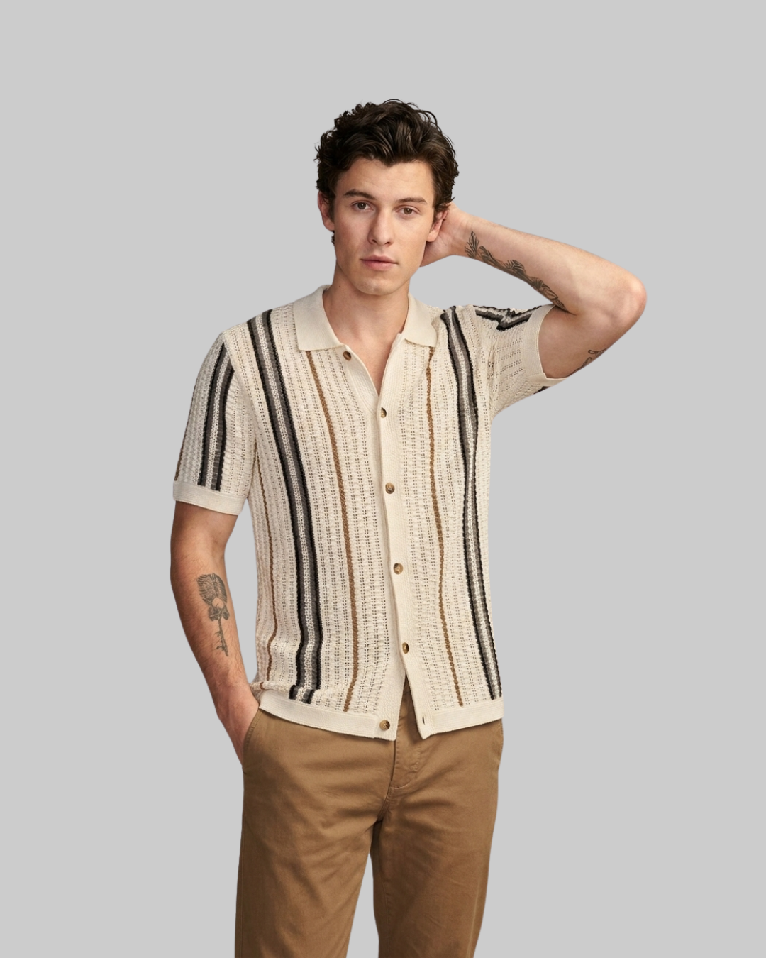 Men's Open Knit Polo Shirt in beige.