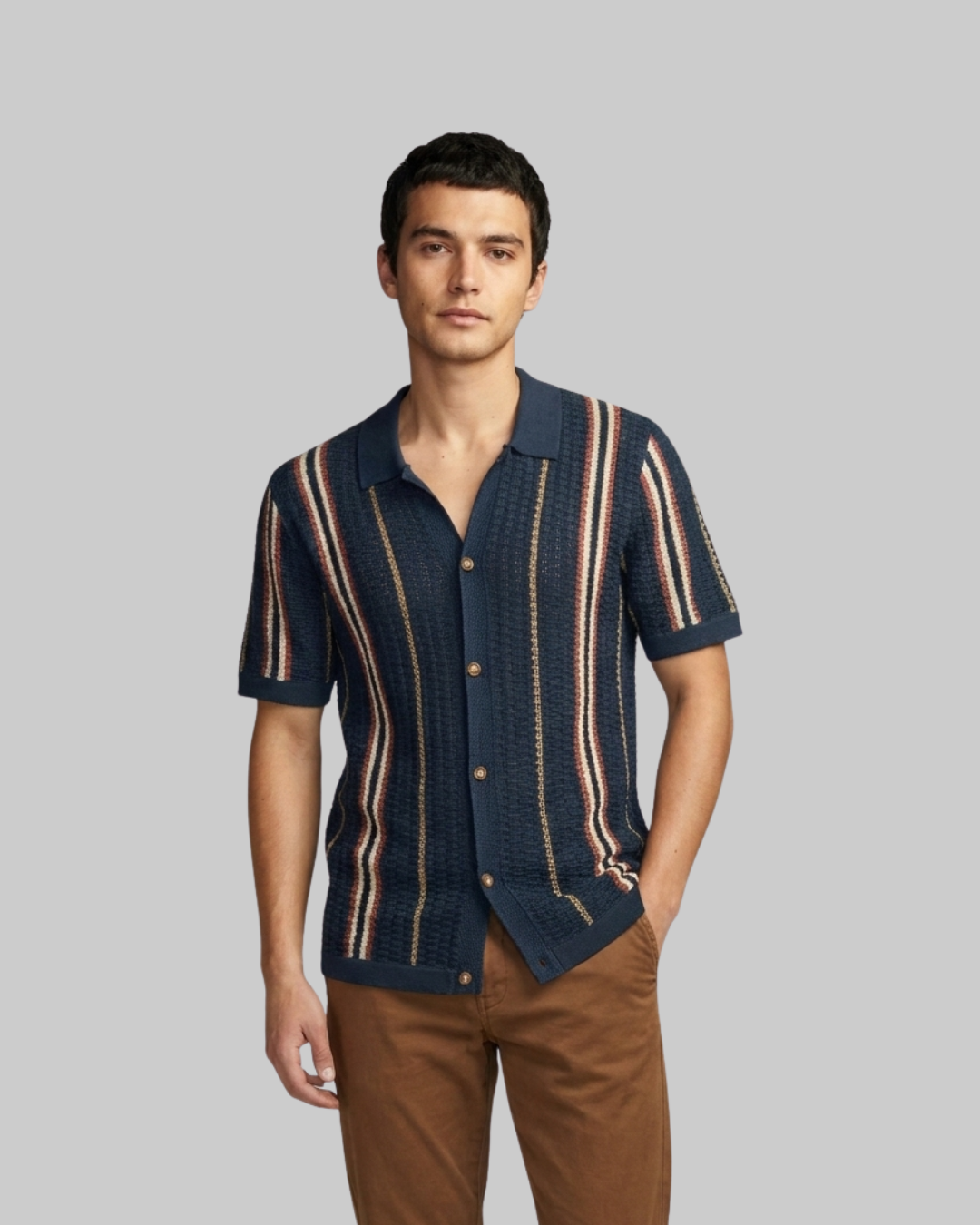 Men's Open Knit Polo Shirt in blue.