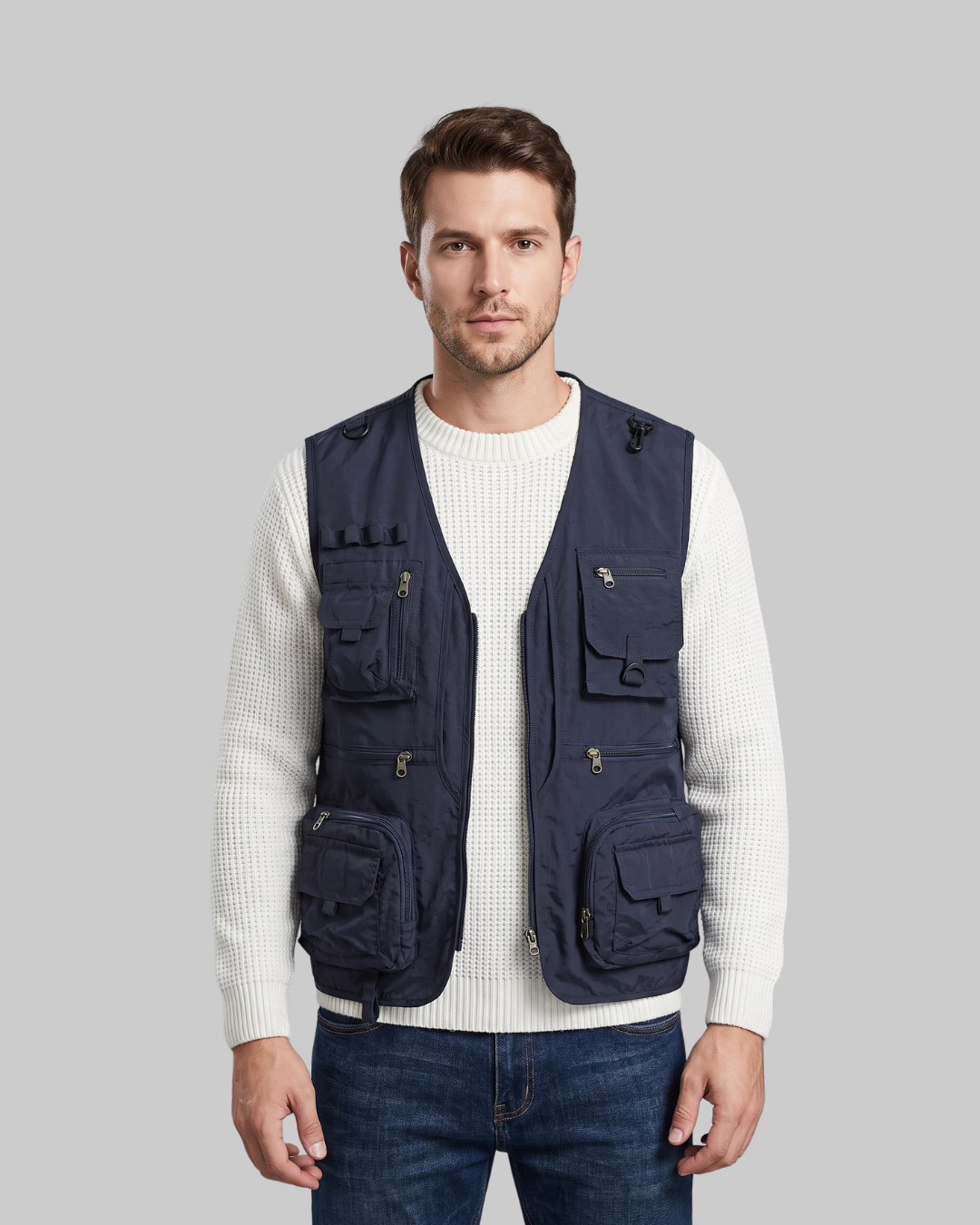 A man wearing a navy blue multi-pocket utility vest over a white textured sweater and blue jeans, standing against a solid gray background.