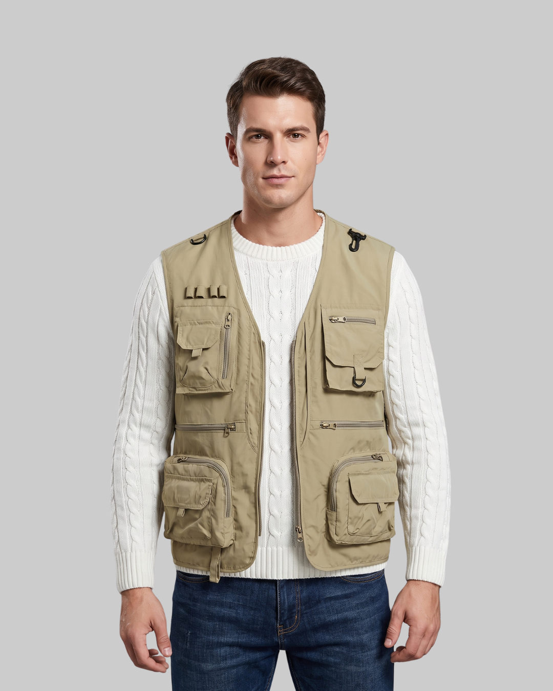 Men's Outdoor Cargo Vest in khaki.