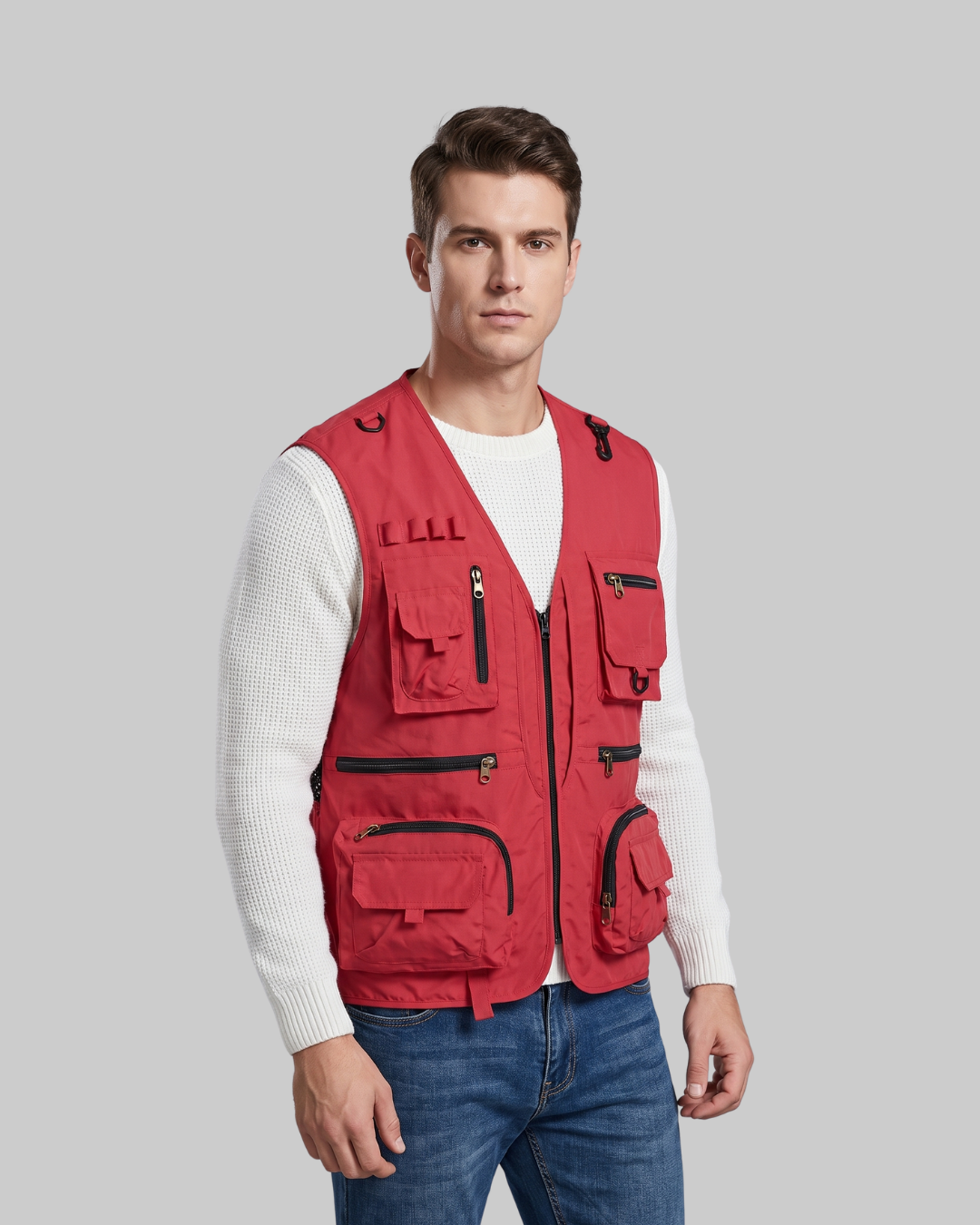 Men's Outdoor Cargo Vest in red.