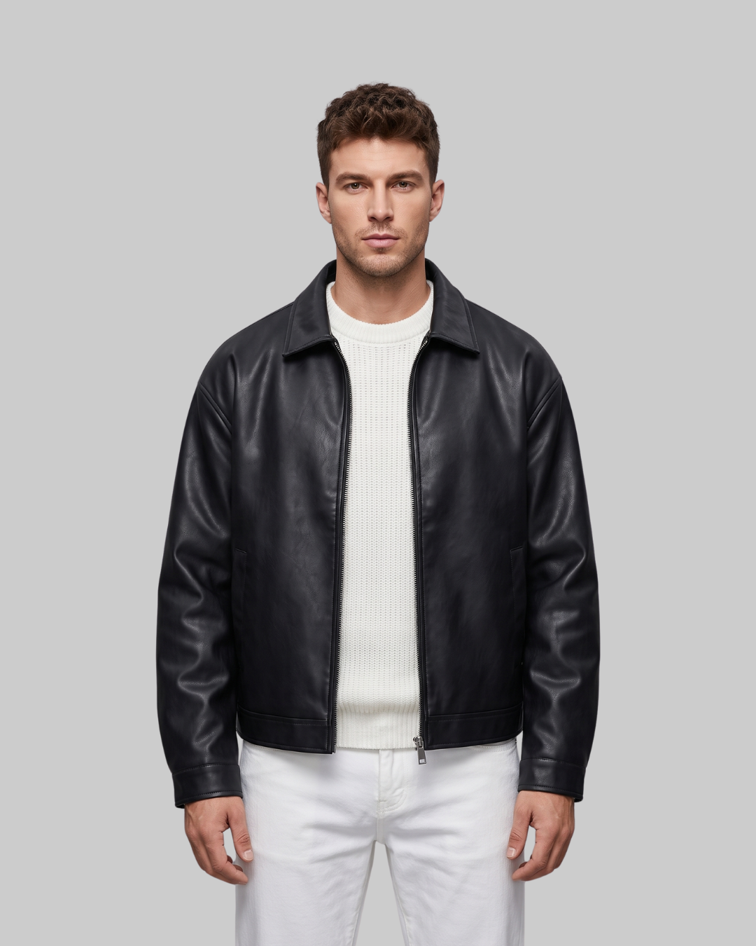 Men's Oversized Zip Bomber Jacket front view.